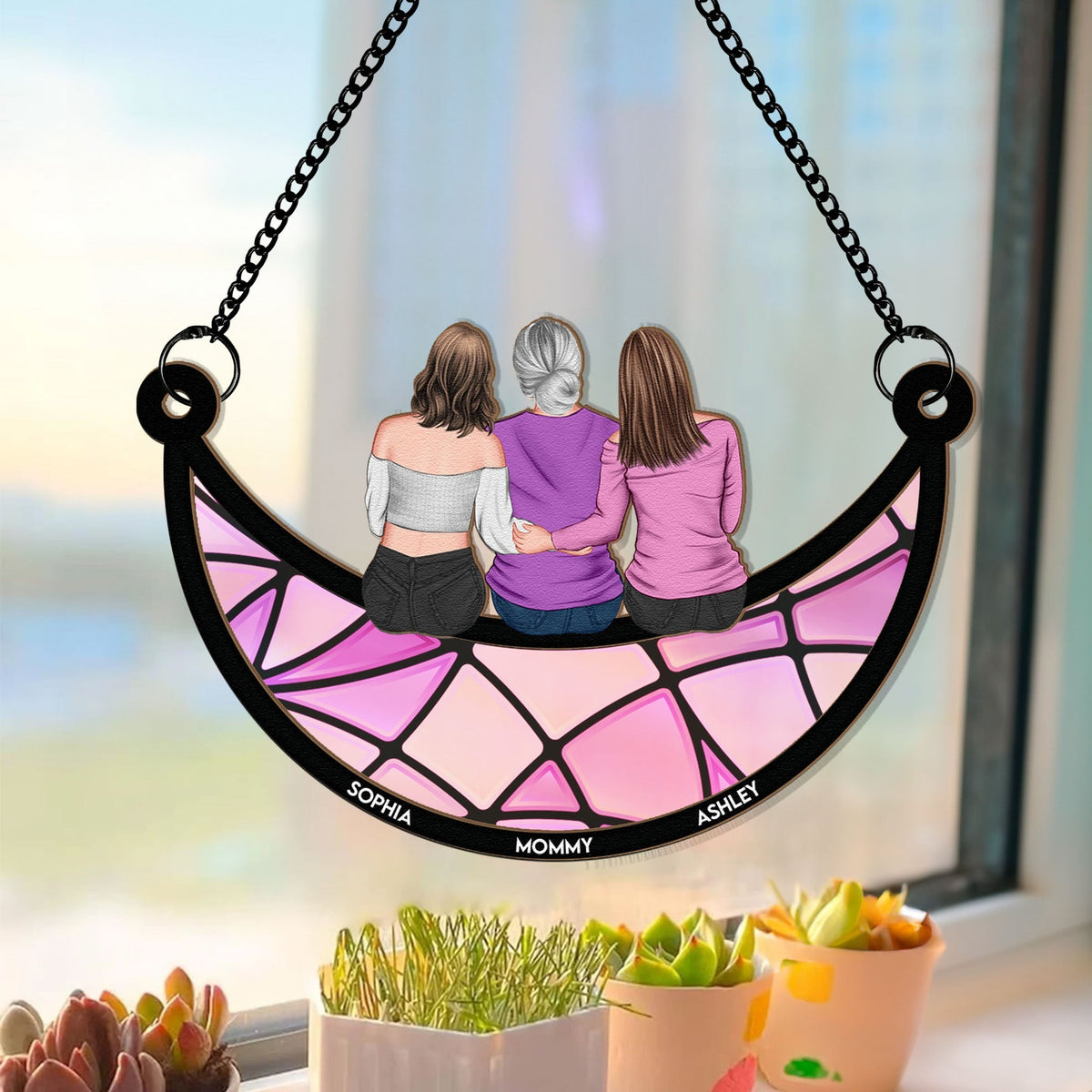 Mother &amp; Daughter On The Moon - Personalized Window Hanging Suncatcher Ornament