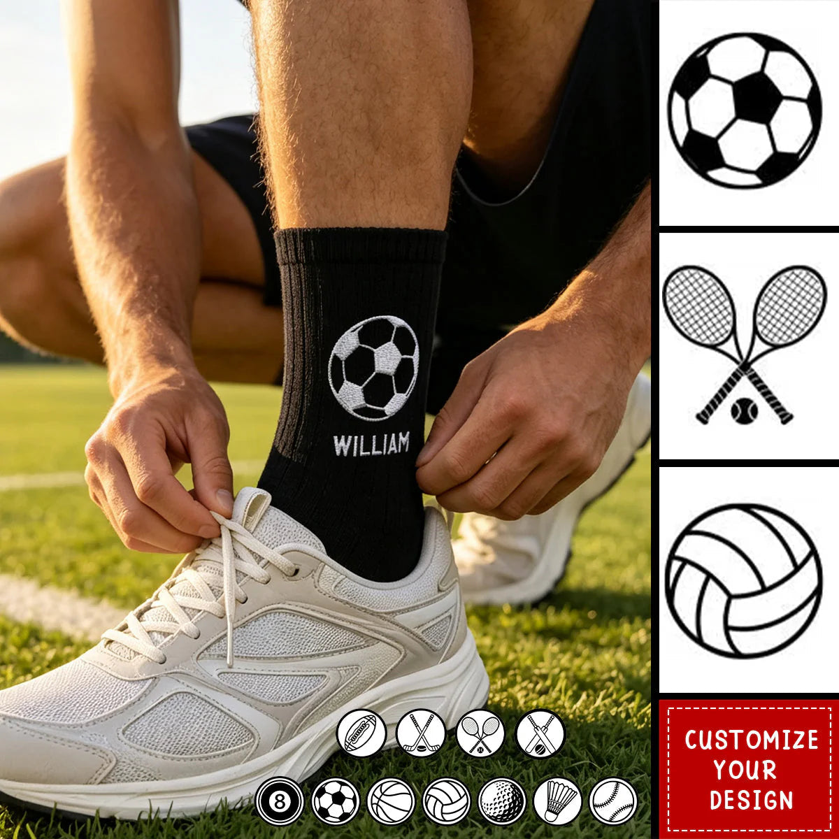 Multiple Sports Icon Choices - Personalized Sports Socks with Custom Name