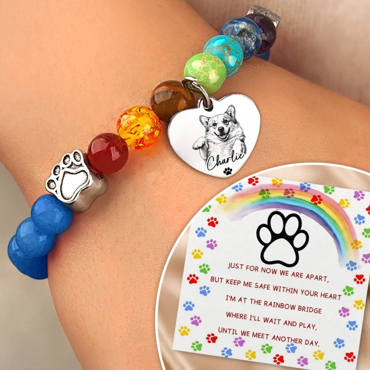 Personalized Photo Rainbow Bridge Bracelet - Memorial Sympathy Gifts For Dog, Cat