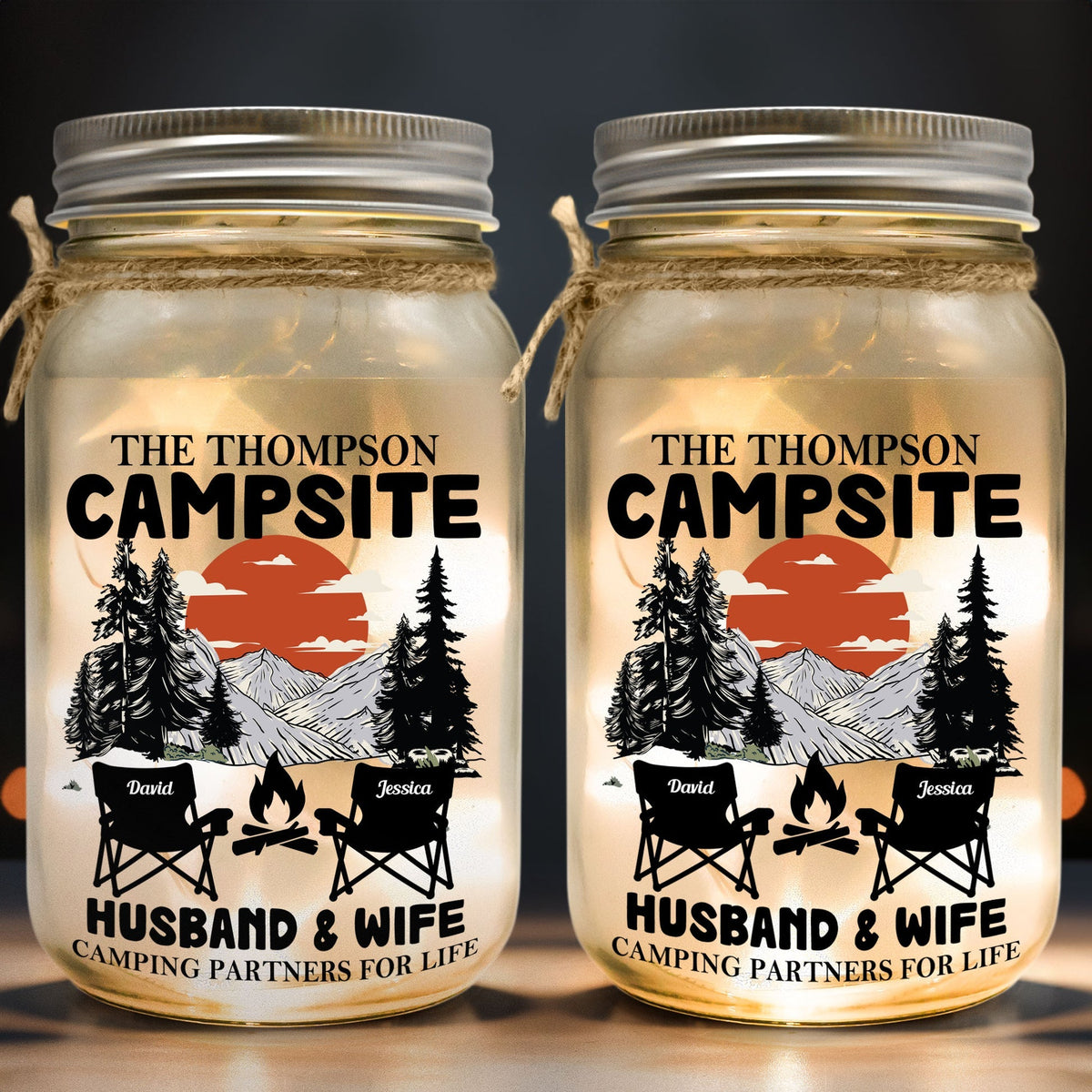 Husband &amp; Wife Camping Partners For Life - Personalized Mason Jar Light
