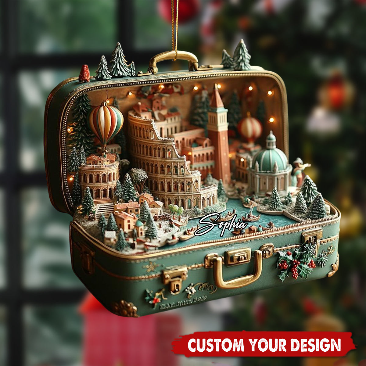 Word City Suitcase Ornament – Miniature Venice &amp; Rome Christmas Village Scene