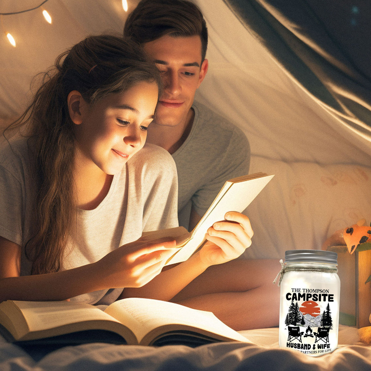 Husband &amp; Wife Camping Partners For Life - Personalized Mason Jar Light