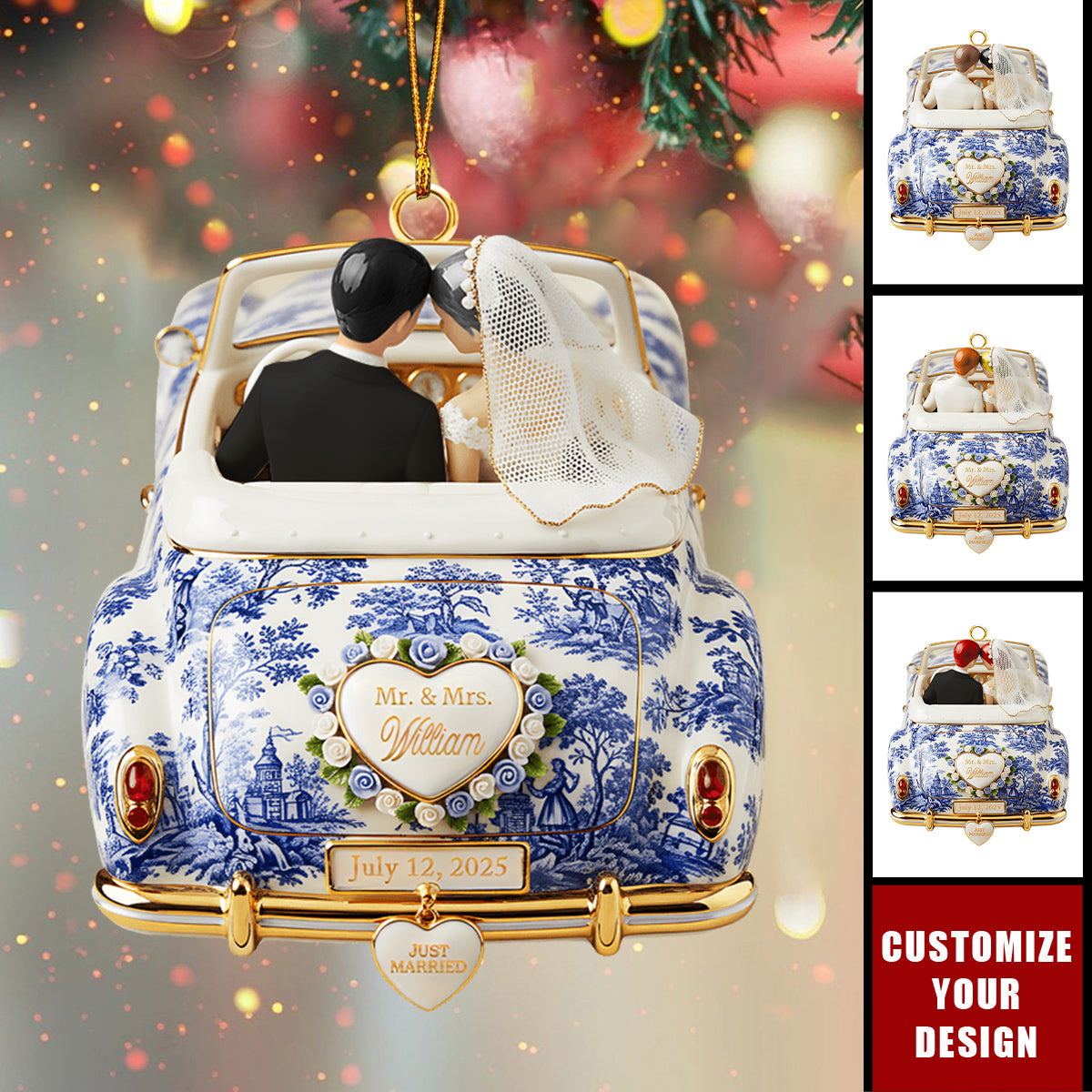 Personalized Newlywed Toile de Jouy Custom Acrylic Ornament, Wedding Gift for Couples