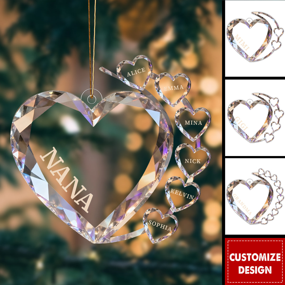 Sparkling Hearts-Personalized Family Transparent Ornament