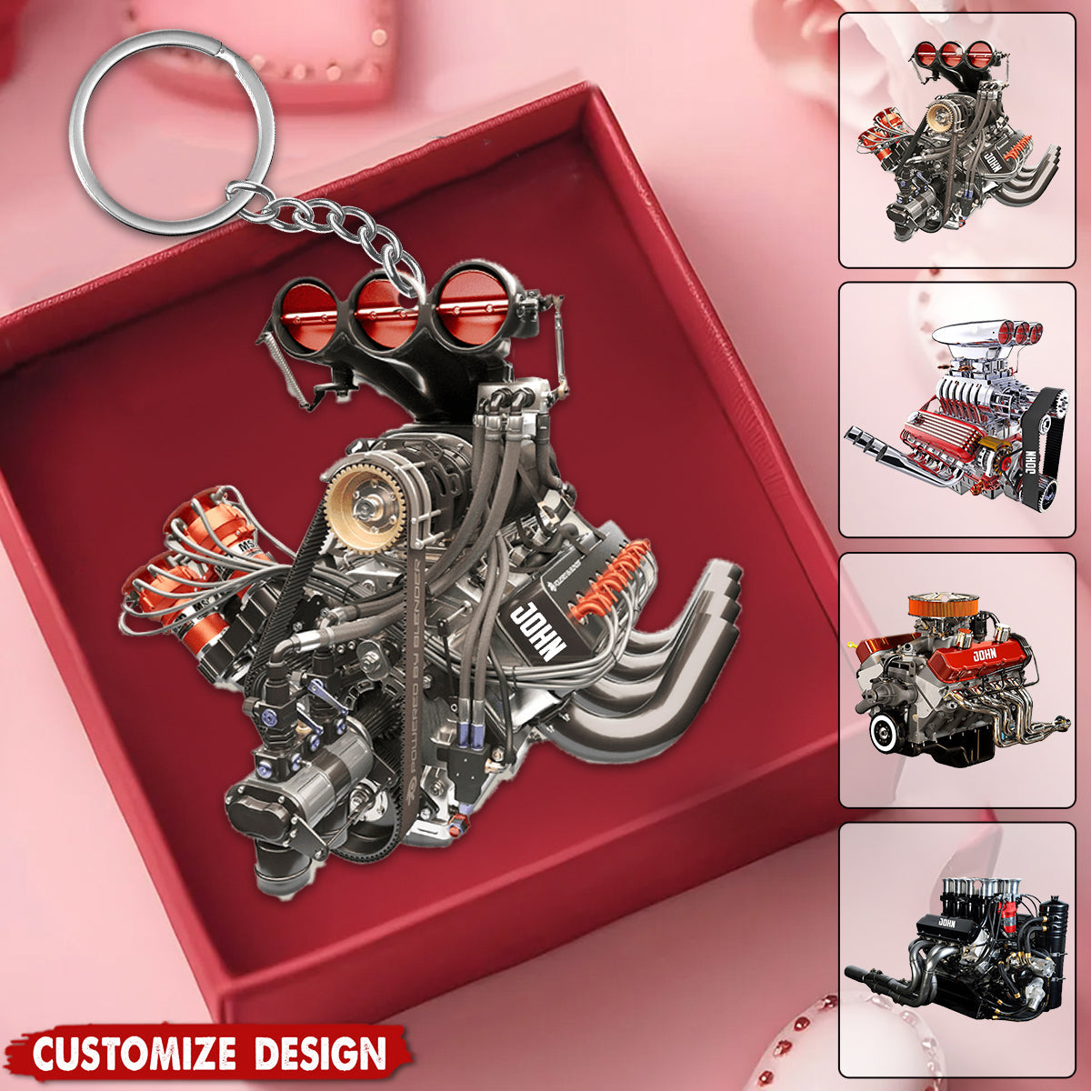 Drag Racing Hot Rod V8 Engine - Personalized Drag Racing Keychain - Gift For Racing Lovers