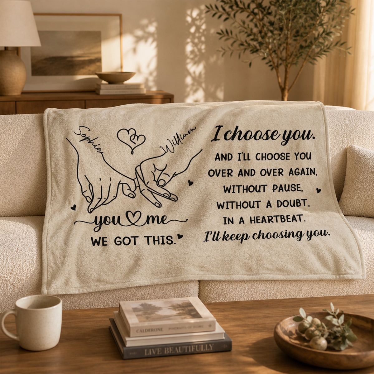 I Choose You Over And Over - Personalized Custom Heart And Holding Hands Blanket