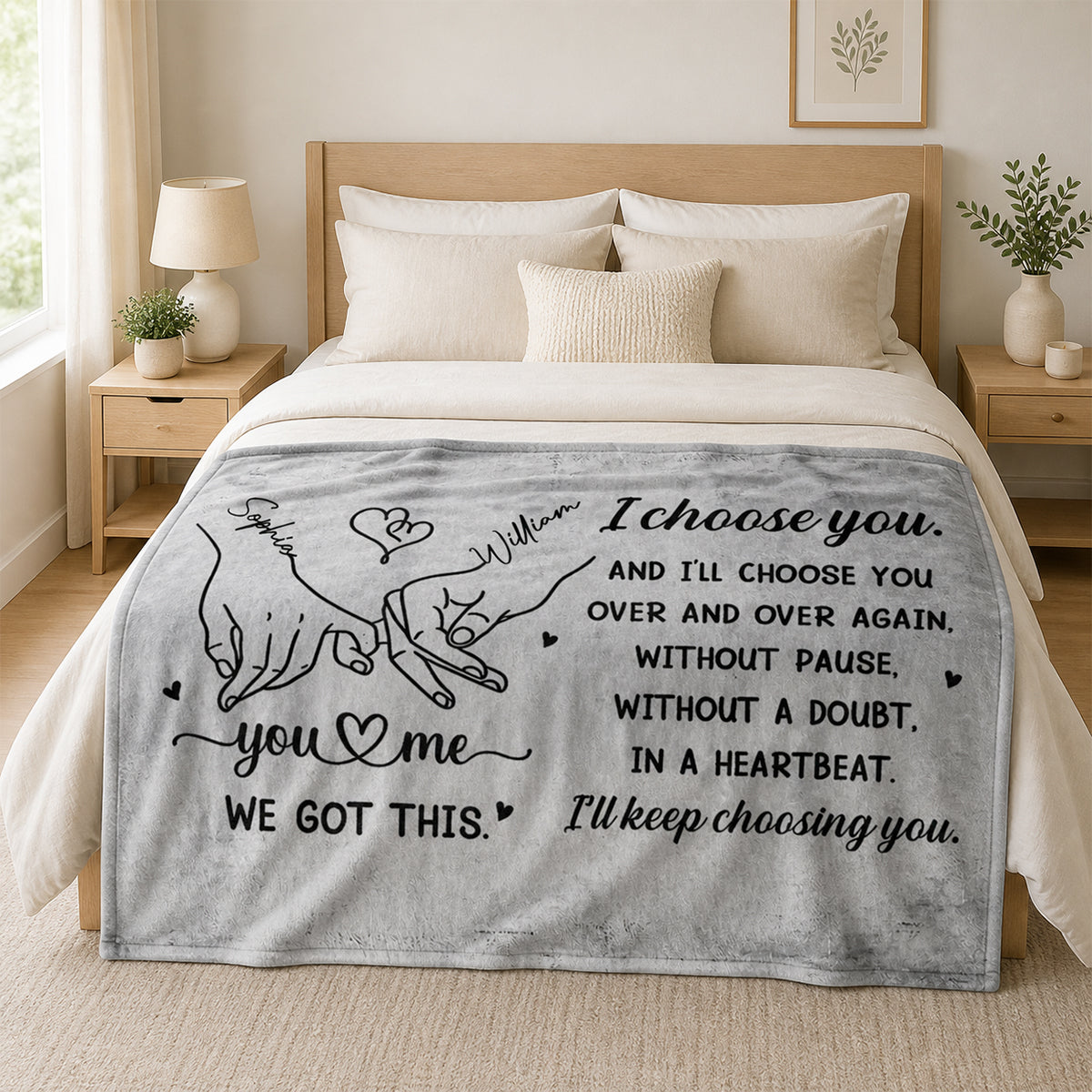 I Choose You Over And Over - Personalized Custom Heart And Holding Hands Blanket