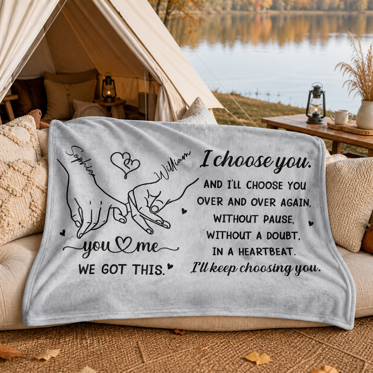 I Choose You Over And Over - Personalized Custom Heart And Holding Hands Blanket