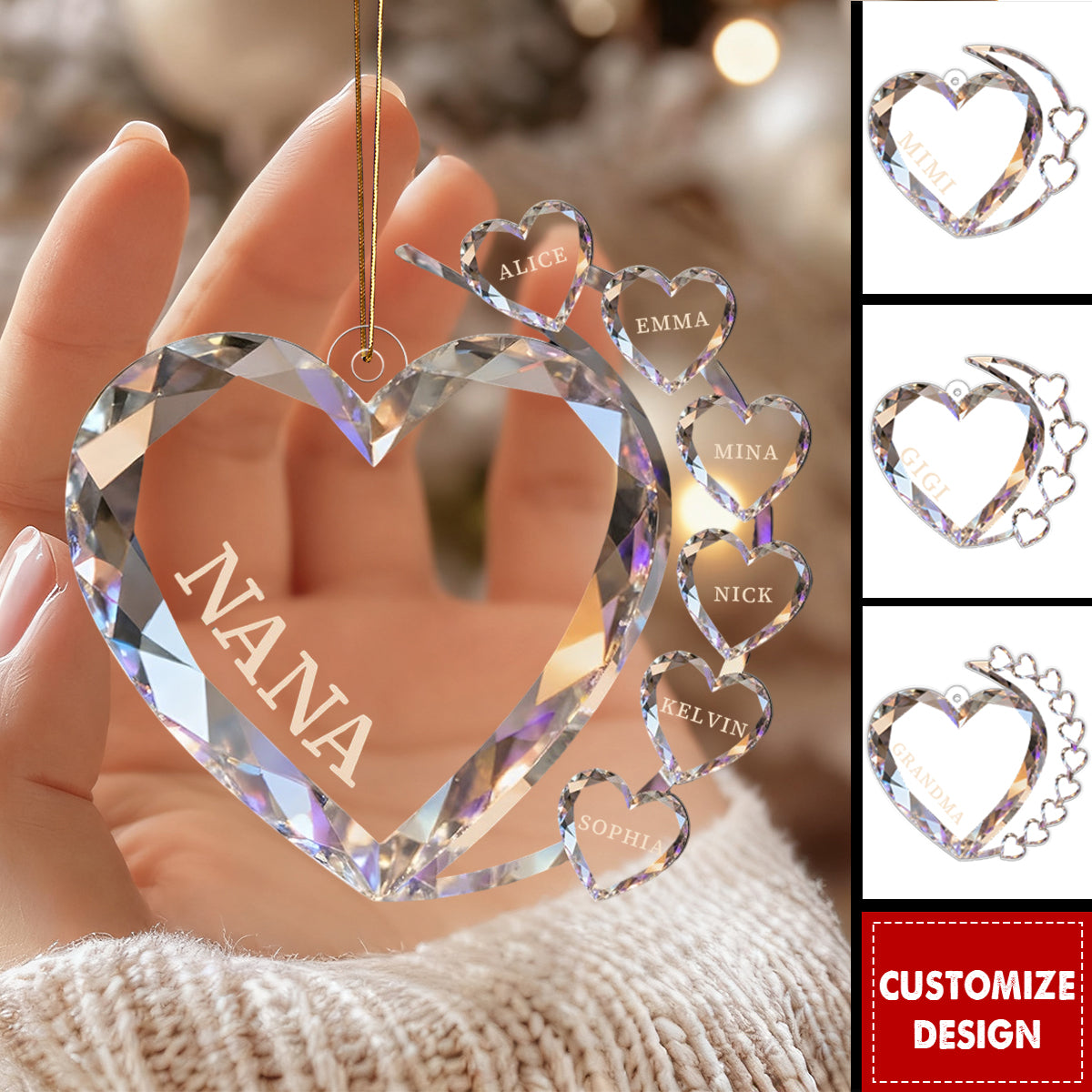 Sparkling Hearts-Personalized Family Transparent Ornament