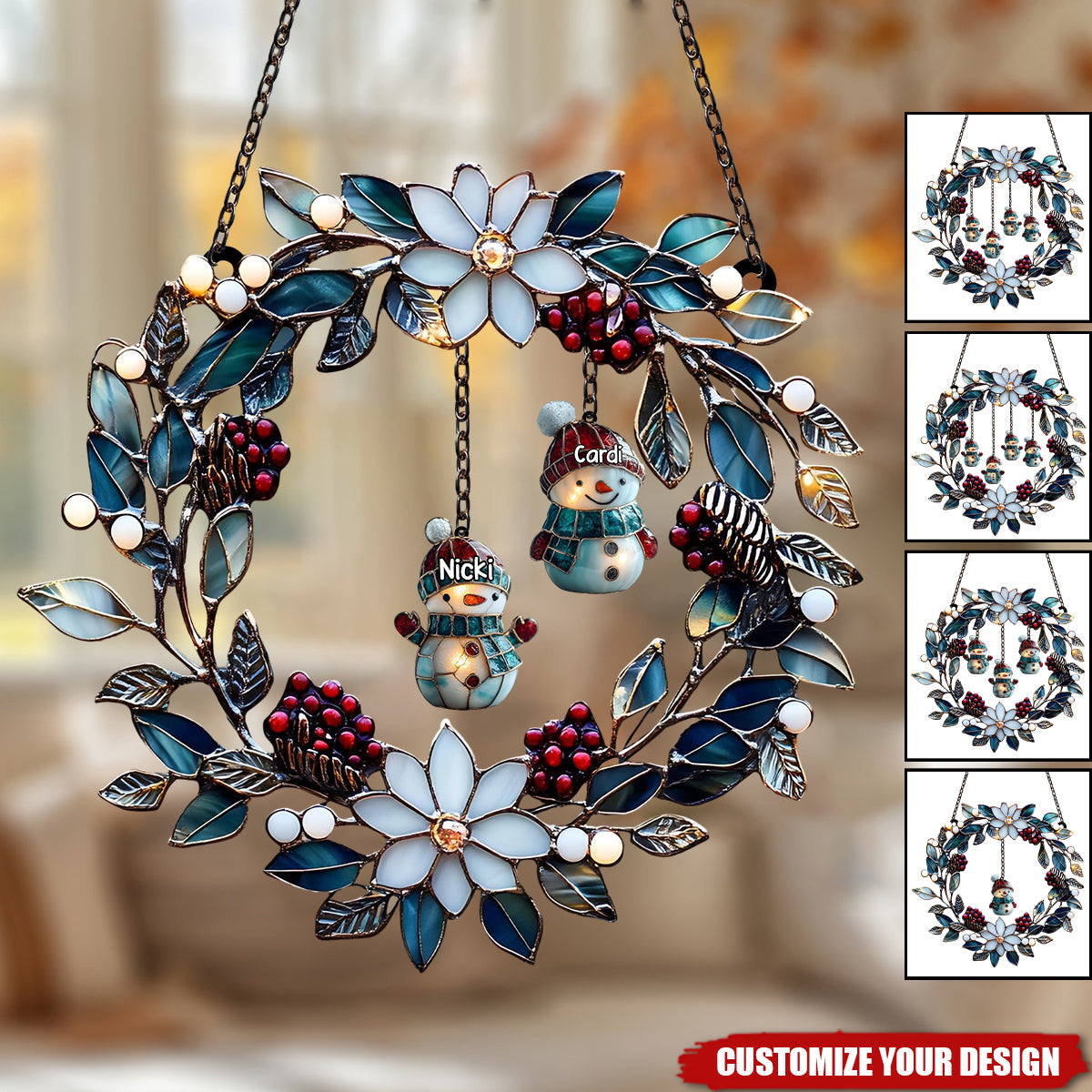 Personalized Snowman Family Acrylic Suncatcher Wreath - Christmas Faux Stained Glass Winter Window Hanging