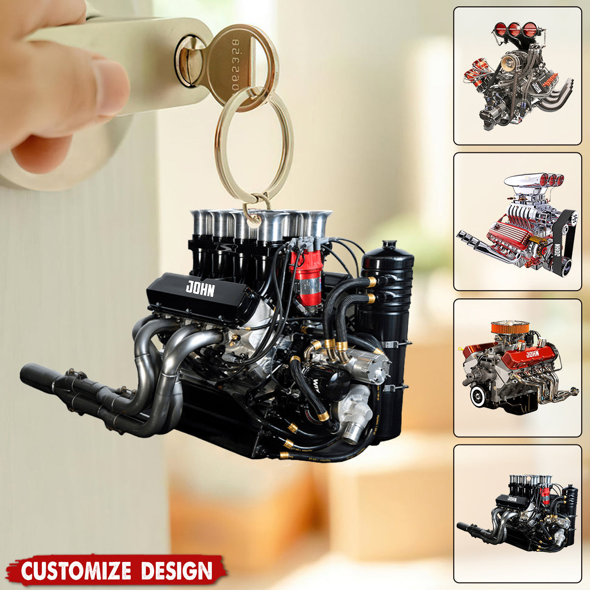 Drag Racing Hot Rod V8 Engine - Personalized Drag Racing Keychain - Gift For Racing Lovers