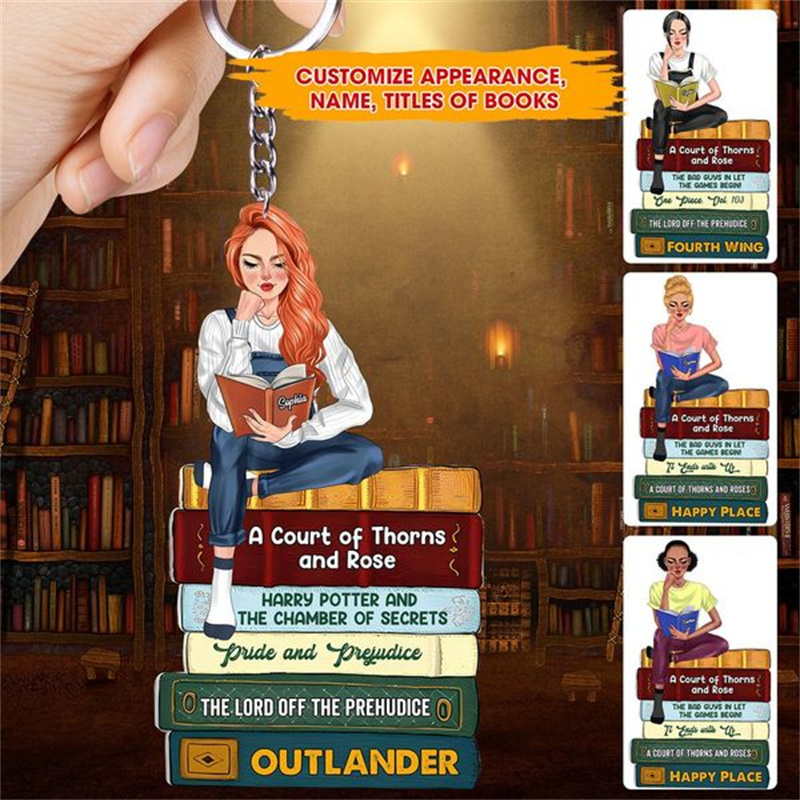 Girl Reading Book - Custom Book Titles, Personalized Acrylic Keychain