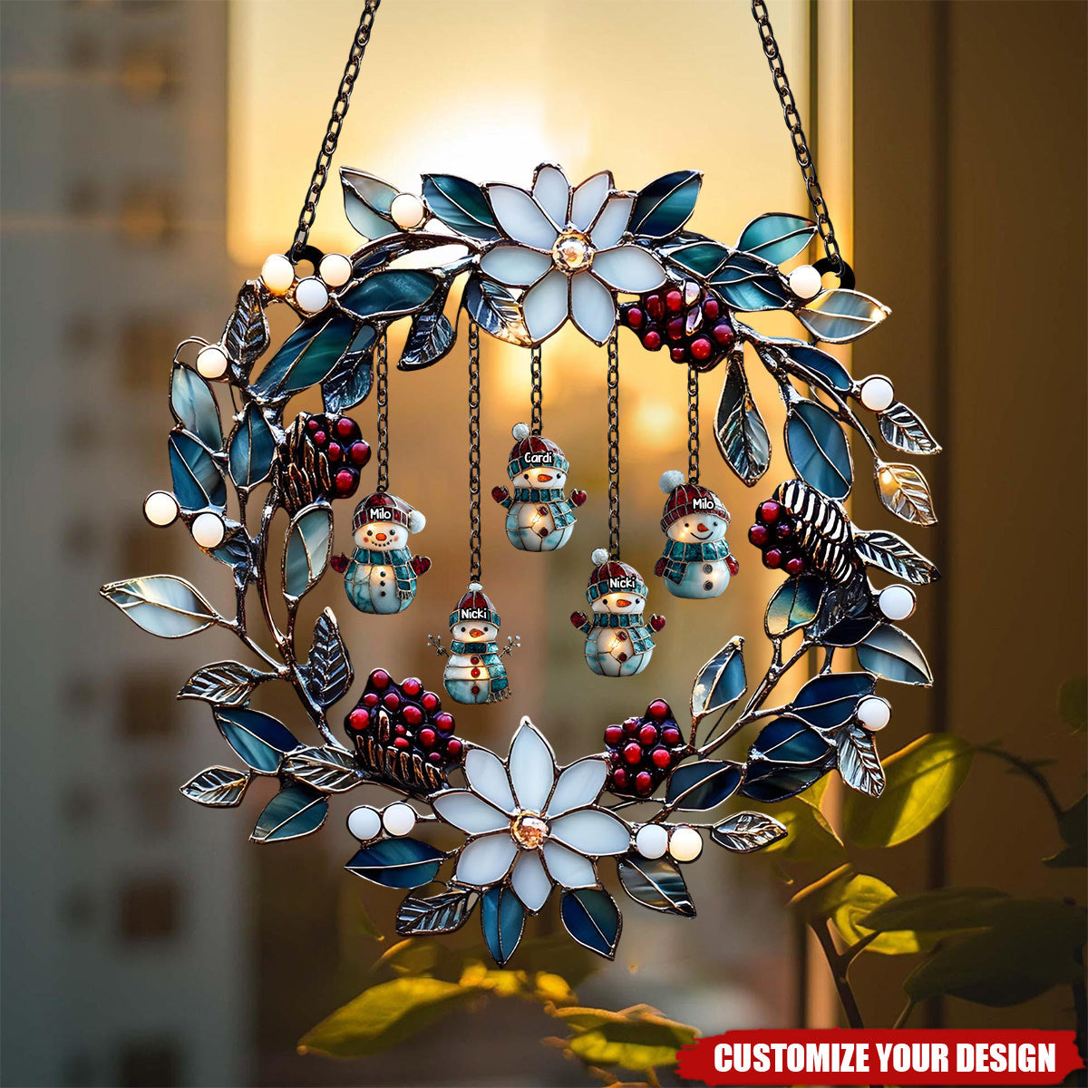 Personalized Snowman Family Acrylic Suncatcher Wreath - Christmas Faux Stained Glass Winter Window Hanging