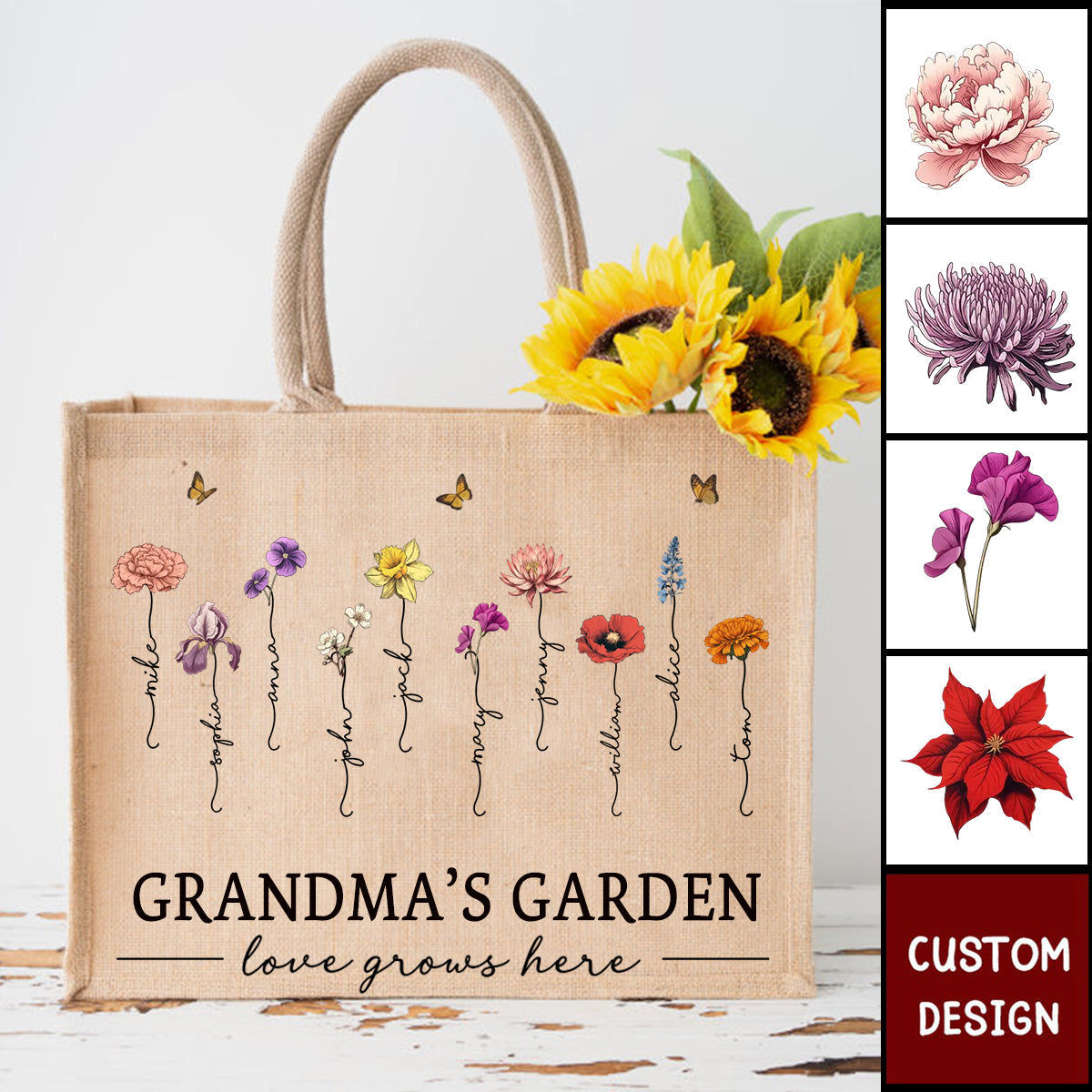 Grandma&#39;s Garden Love Grows Here - Personalized Jute Tote Bag