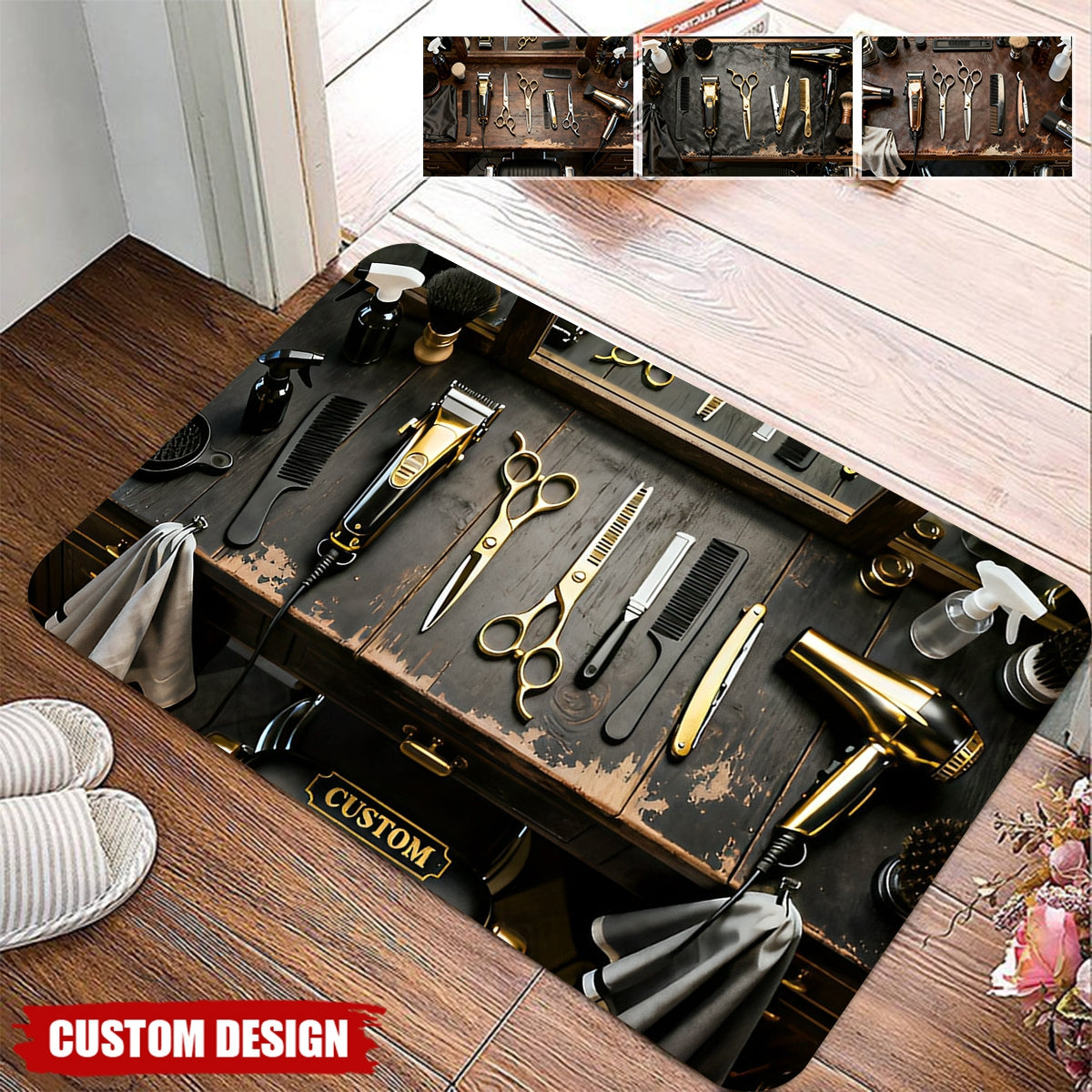 Custom-made vintage barber's workbench rug