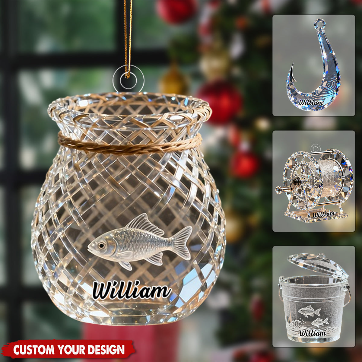 Personalized Fishing Themed Christmas Ornament - Fishhook/Fish Bucket/Fishing Reel/Fish Basket