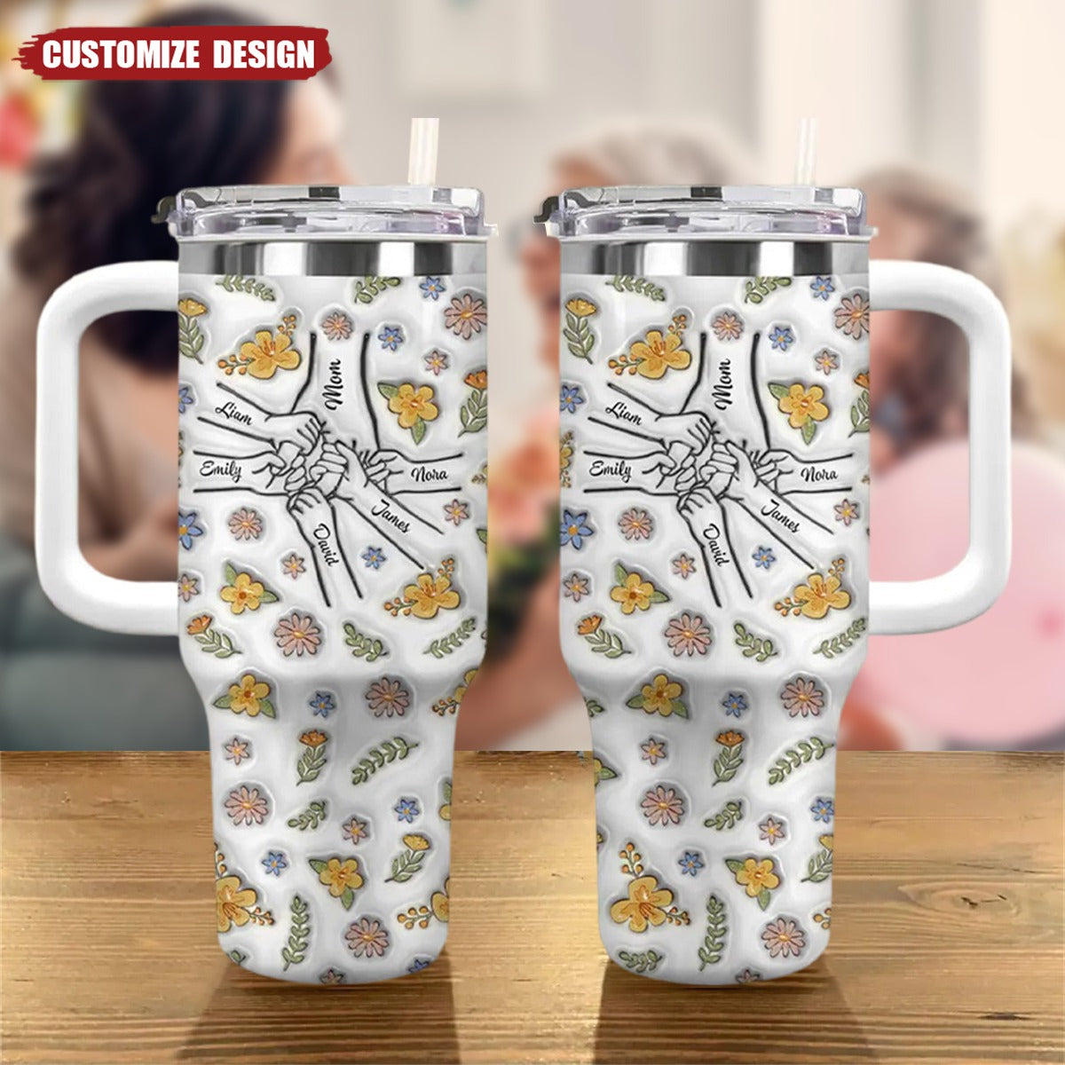Floral Mom Hand- Personalized Tumbler With Handle - Mother&#39;s Day Gift