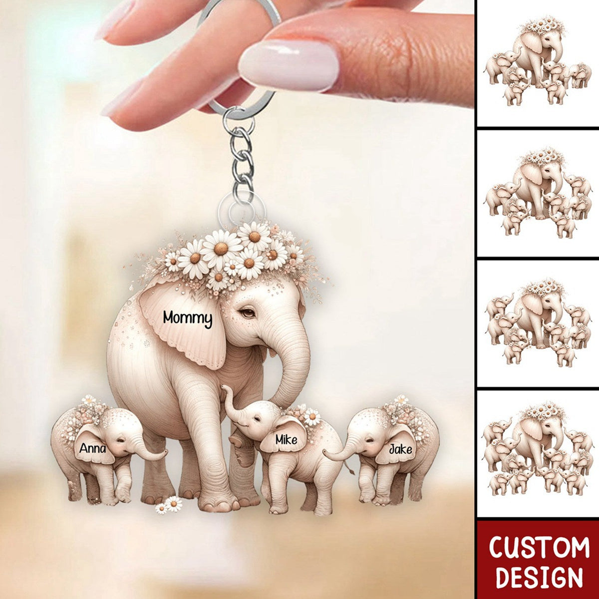 Mama Elephant With Little Kids Personalized Acrylic Keychain - Mother&#39;s Day Gift