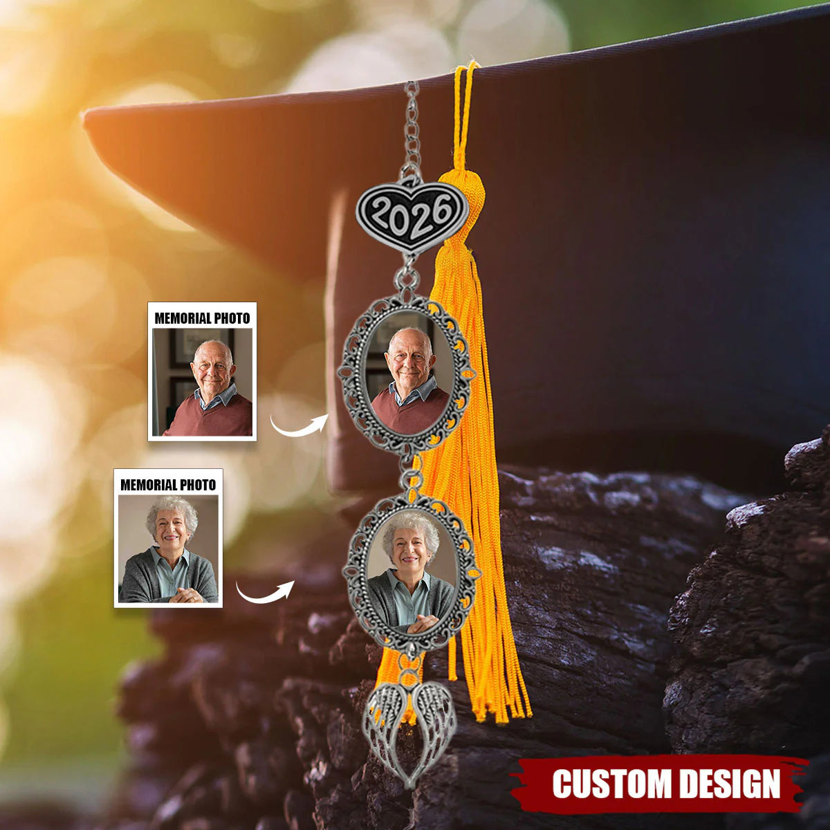Personalized Graduation Tassel Photo &amp; Text Charm with Angel Wing, Memorial Graduation Gift