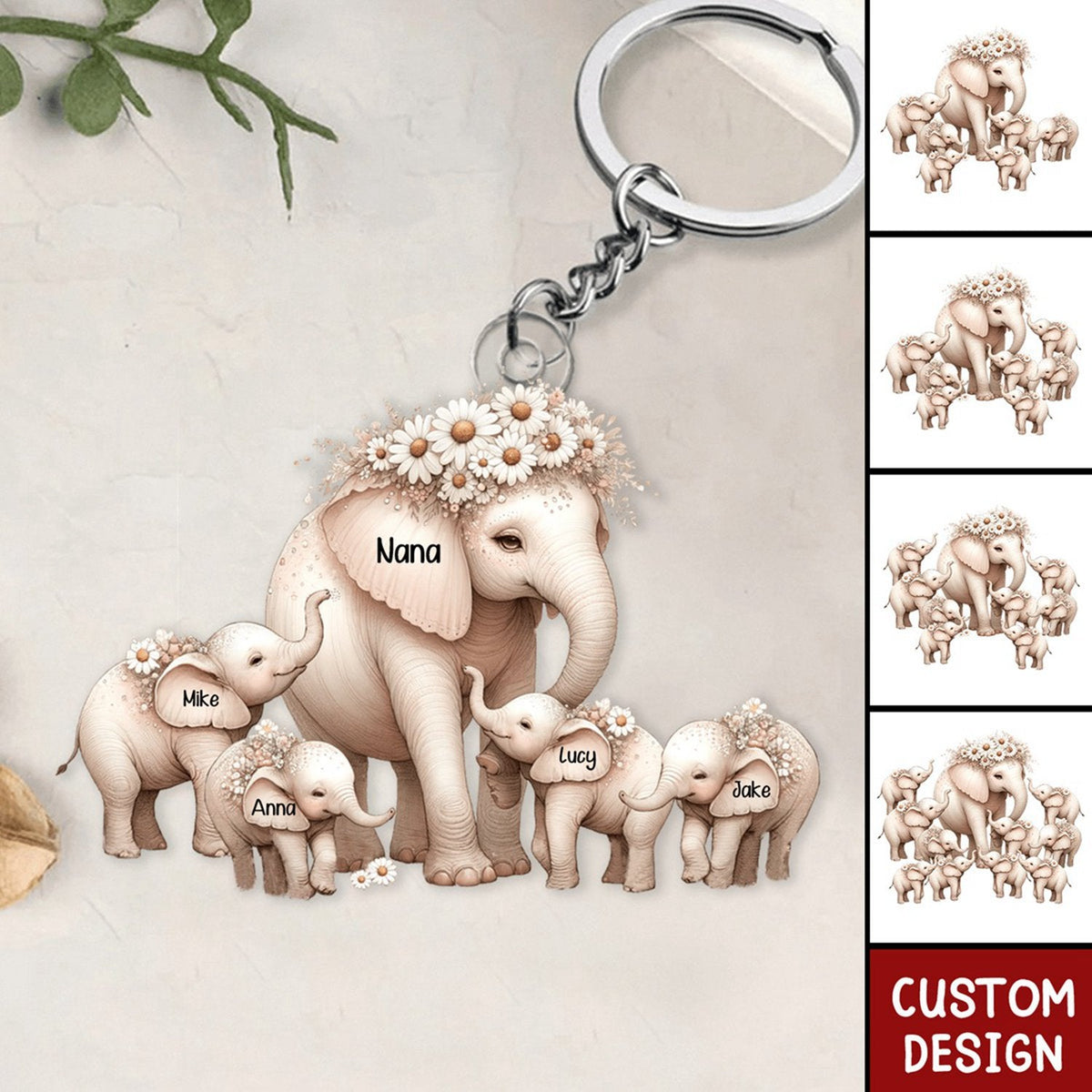 Mama Elephant With Little Kids Personalized Acrylic Keychain - Mother&#39;s Day Gift