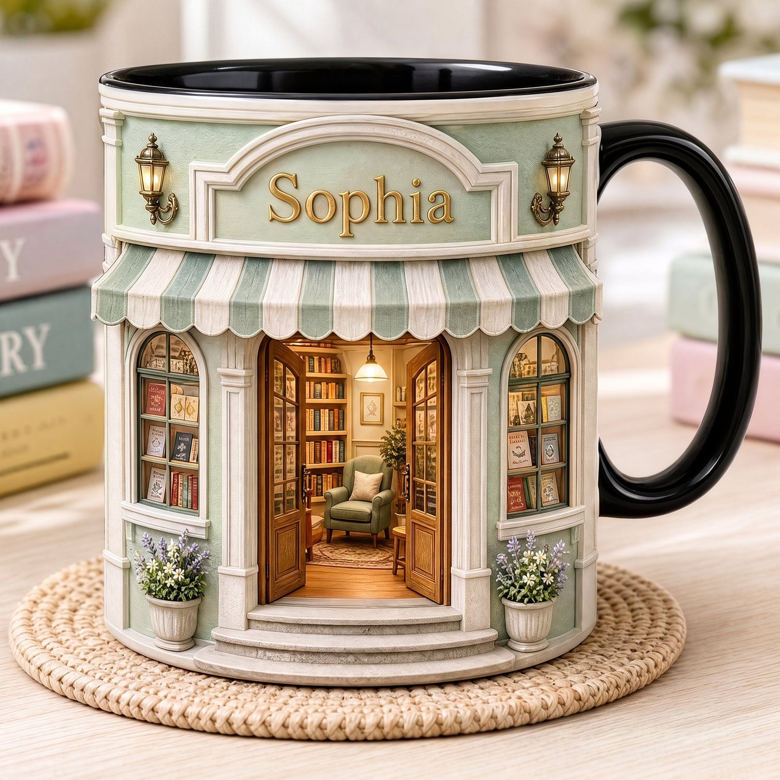 Custom Name Bookstore Mug, Cozy Reader Birthday Gift