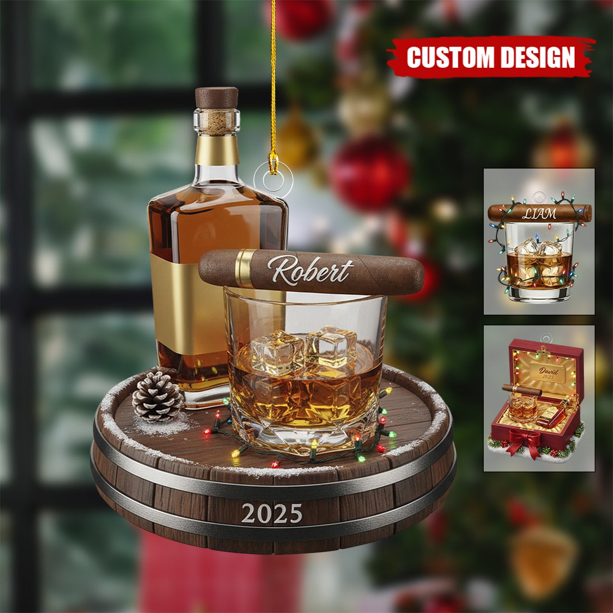Personalized Whiskey Glass and Cigar Ornament –  Gentlemen Christmas Gift for Him