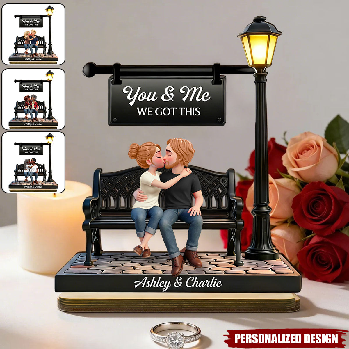 Everlasting Love Couple Sitting Kissing Under Lamp Post-Personalized Wooden Plaque-Valentine's Day Gift For Couple