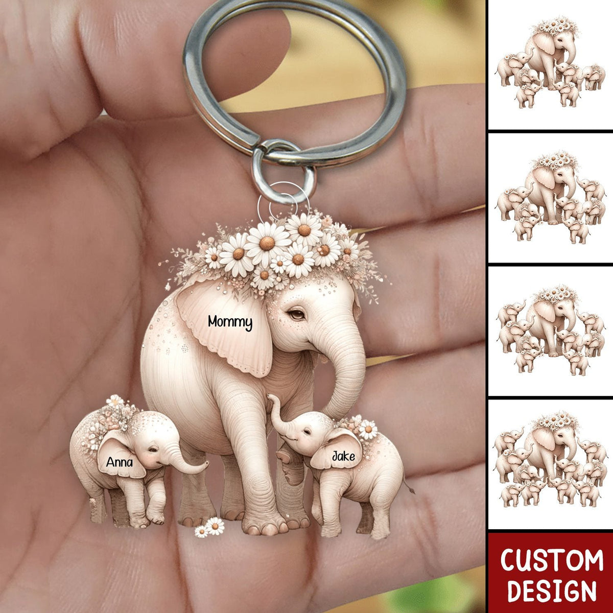 Mama Elephant With Little Kids Personalized Acrylic Keychain - Mother&#39;s Day Gift