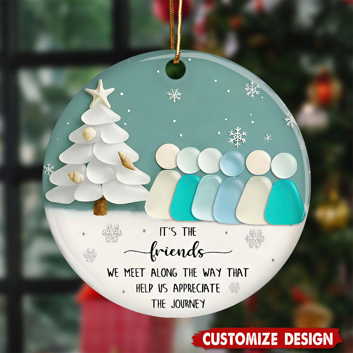 Ceramic Friends Christmas Ornament, Sea-Glass Figures Winter Tree &amp; Snowflakes, Heartfelt Friendship Quote Keepsake, Best Friend Gift 2025