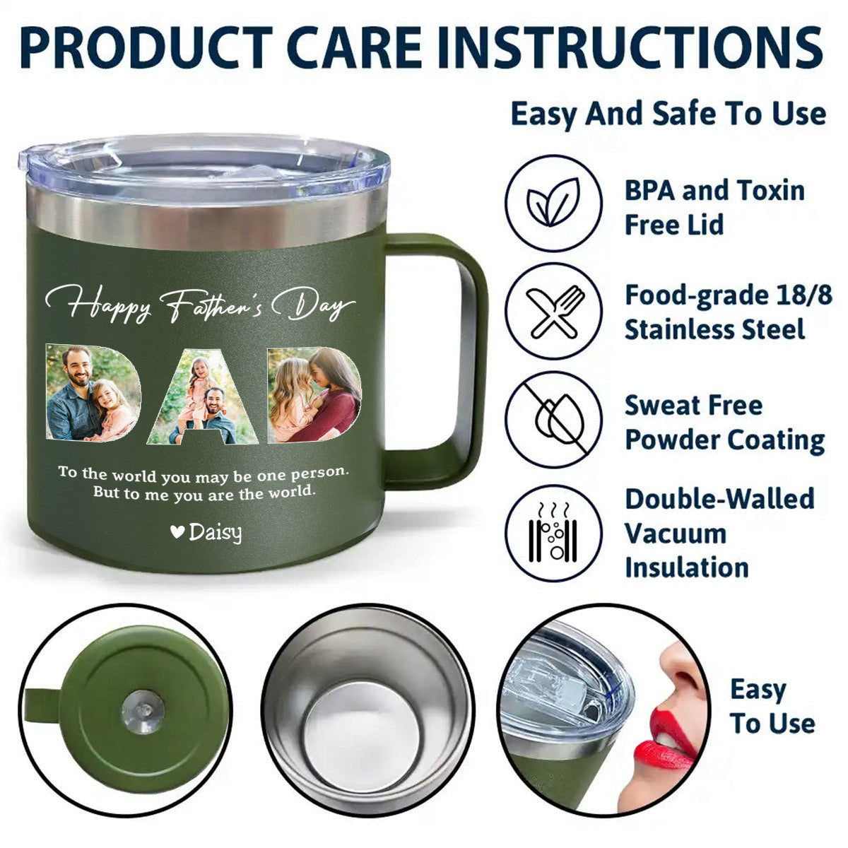 Dad, To Me You Are The World - Personalized  14oz Stainless Steel Tumbler With Handle - Father&#39;s Day, Birthday Gift For Dad