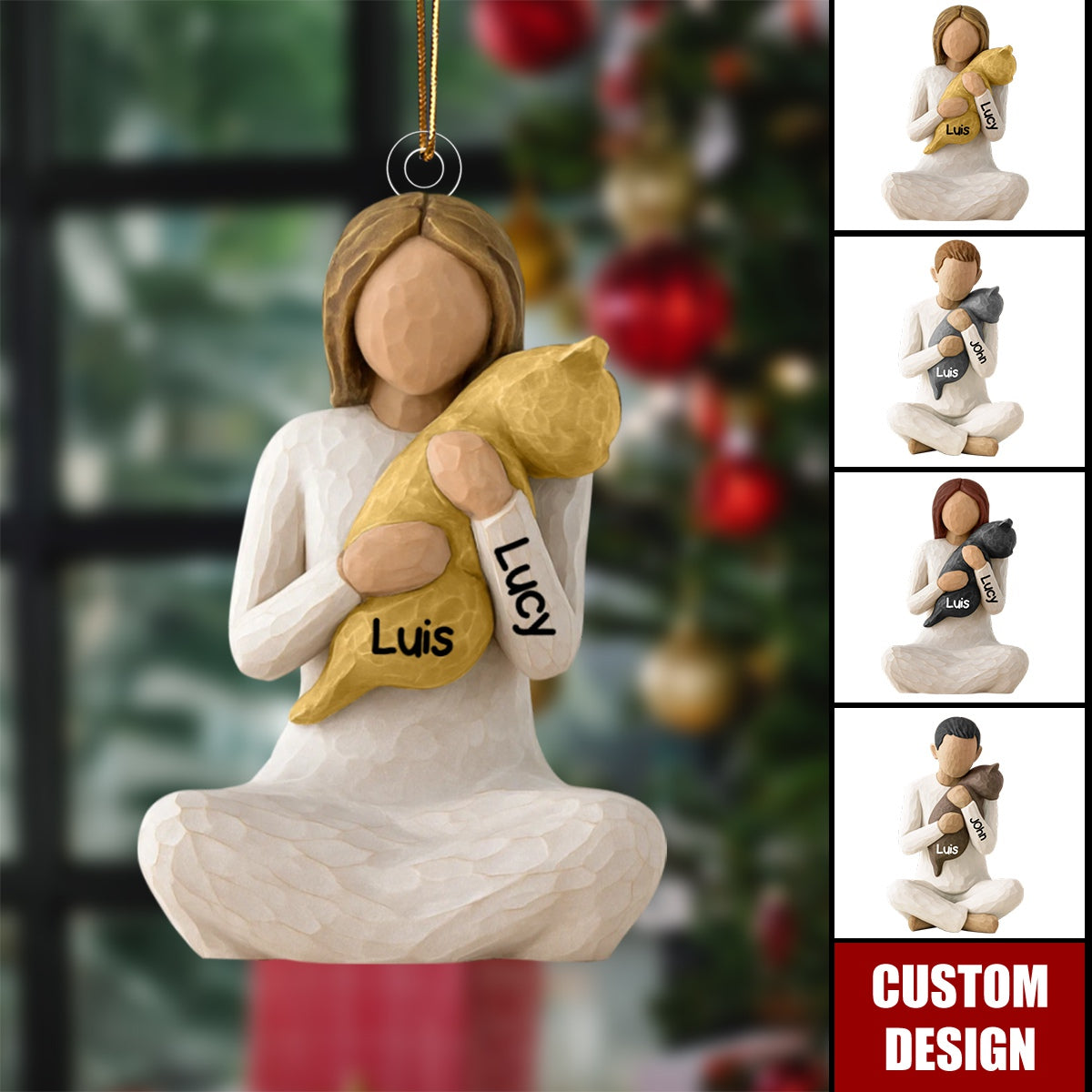 Carved Figure Hugging a Cat- Personalized Acrylic Ornament - Christmas Gift for Cat Lovers