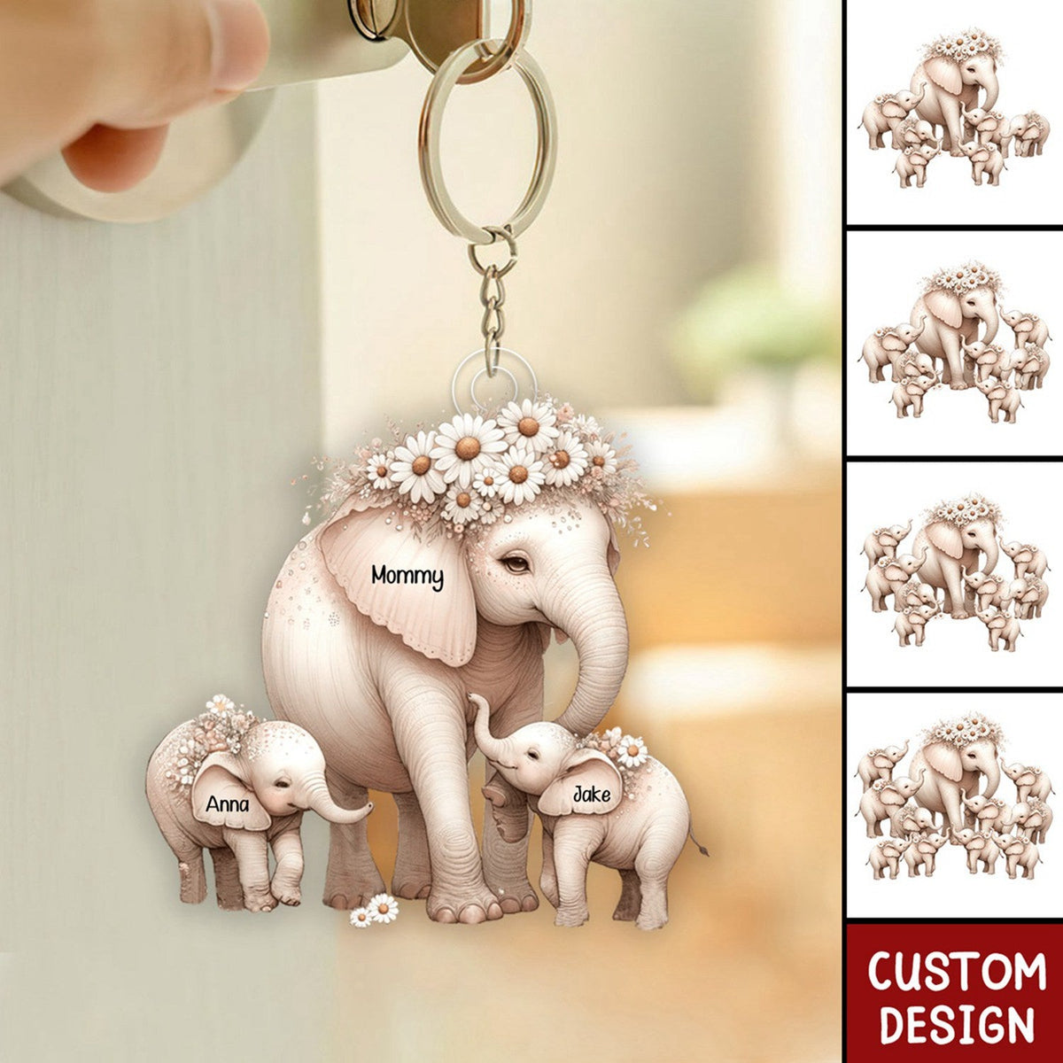 Mama Elephant With Little Kids Personalized Acrylic Keychain - Mother&#39;s Day Gift