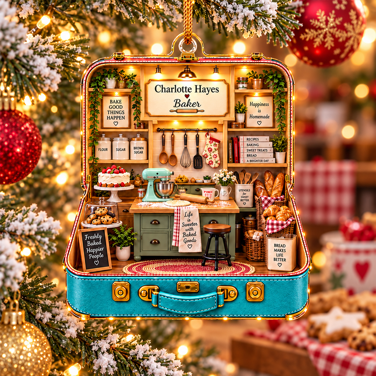 Personalized Baker Suitcase Ornament, Custom Name Kitchen Bakery Diorama