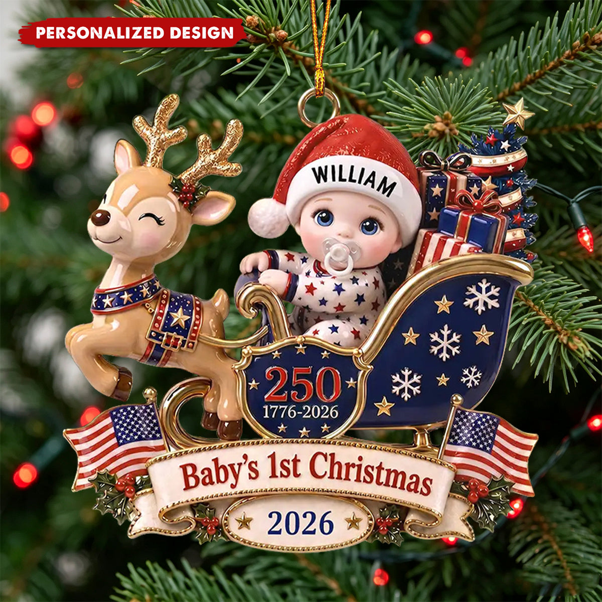 Baby's 1st Christmas In Sleigh America 250th Anniversary - Personalized Custom Shaped Acrylic Ornament
