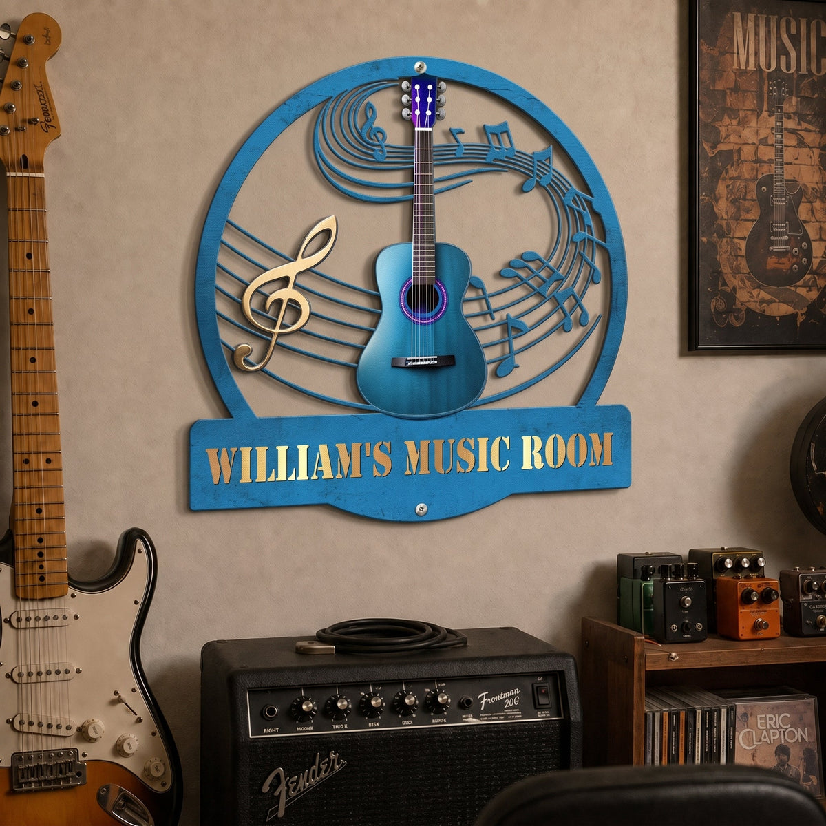 Guitar Music Room, Custom Name &amp; Guitar Type - Personalized Metal Sign
