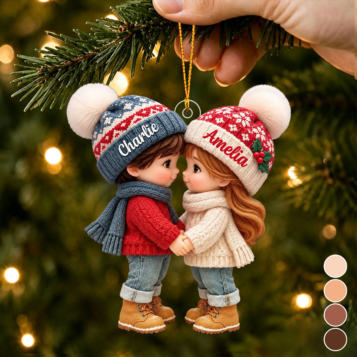 Personalized Acrylic Ornament, Cute Cartoon Couple Holding Hands In A Cozy Christmas Scene