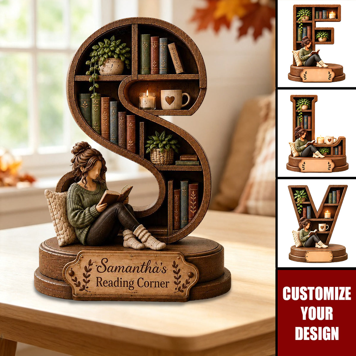 Personalized Initial Reading Corner Wood Sign, Book Lover Gift