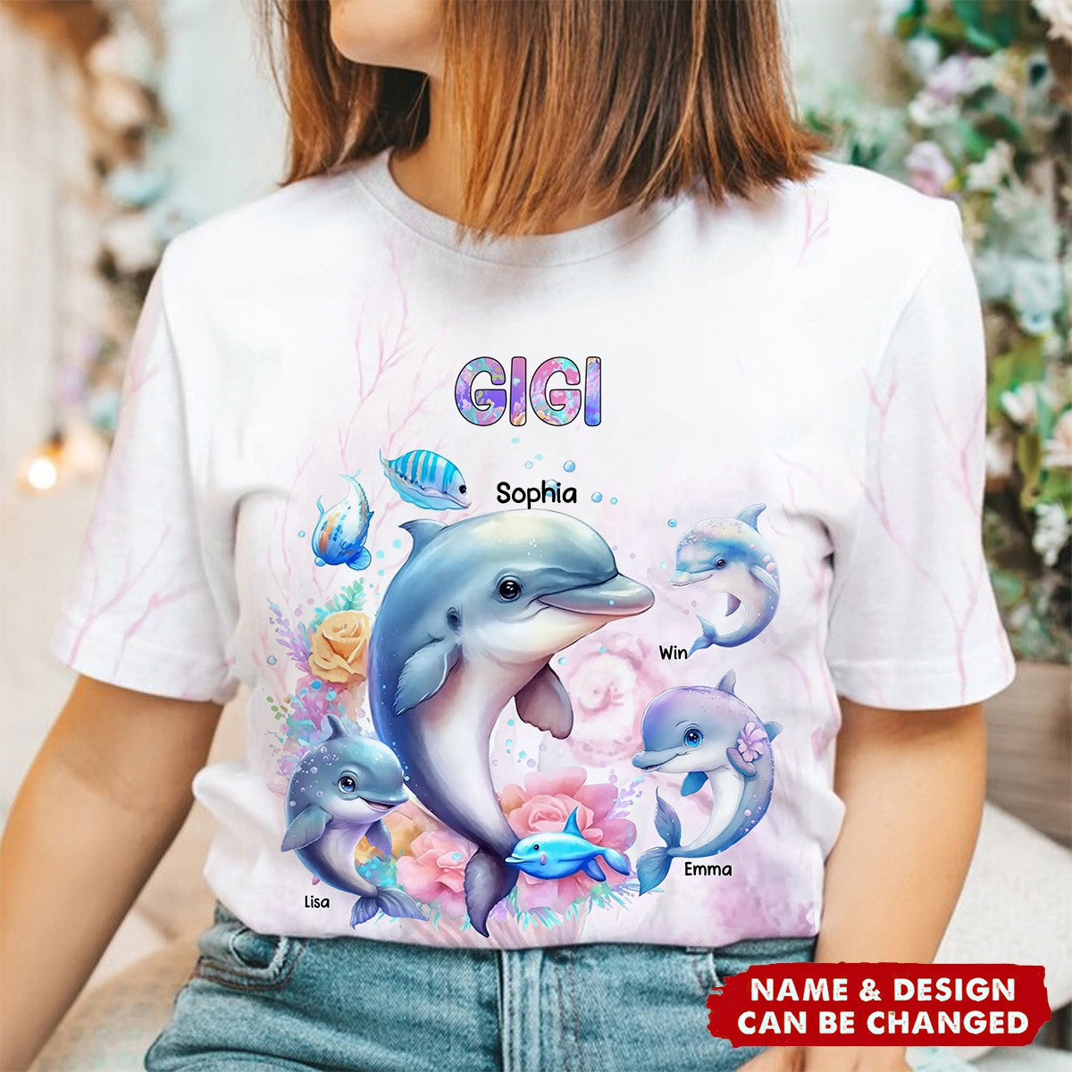 Personalized Grandma or Mom Watercolor Dolphin &amp; Kid Names 3D T-shirt Printed
