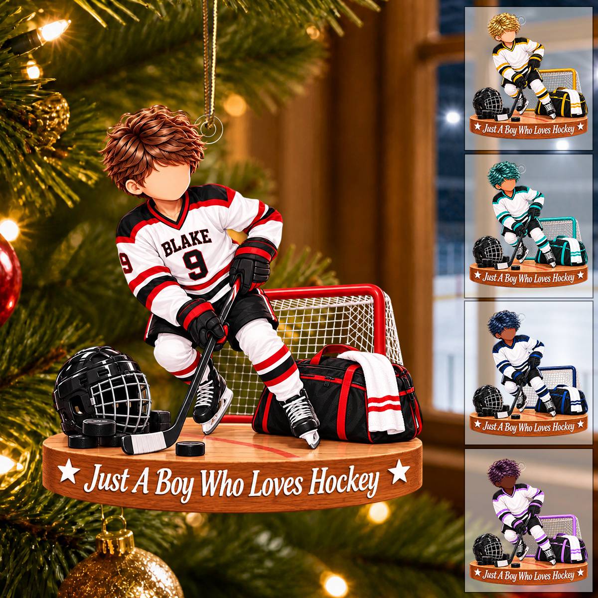 Personalized Hockey Boy Ornament, Custom Name &amp; Number Ice Hockey Christmas Gift