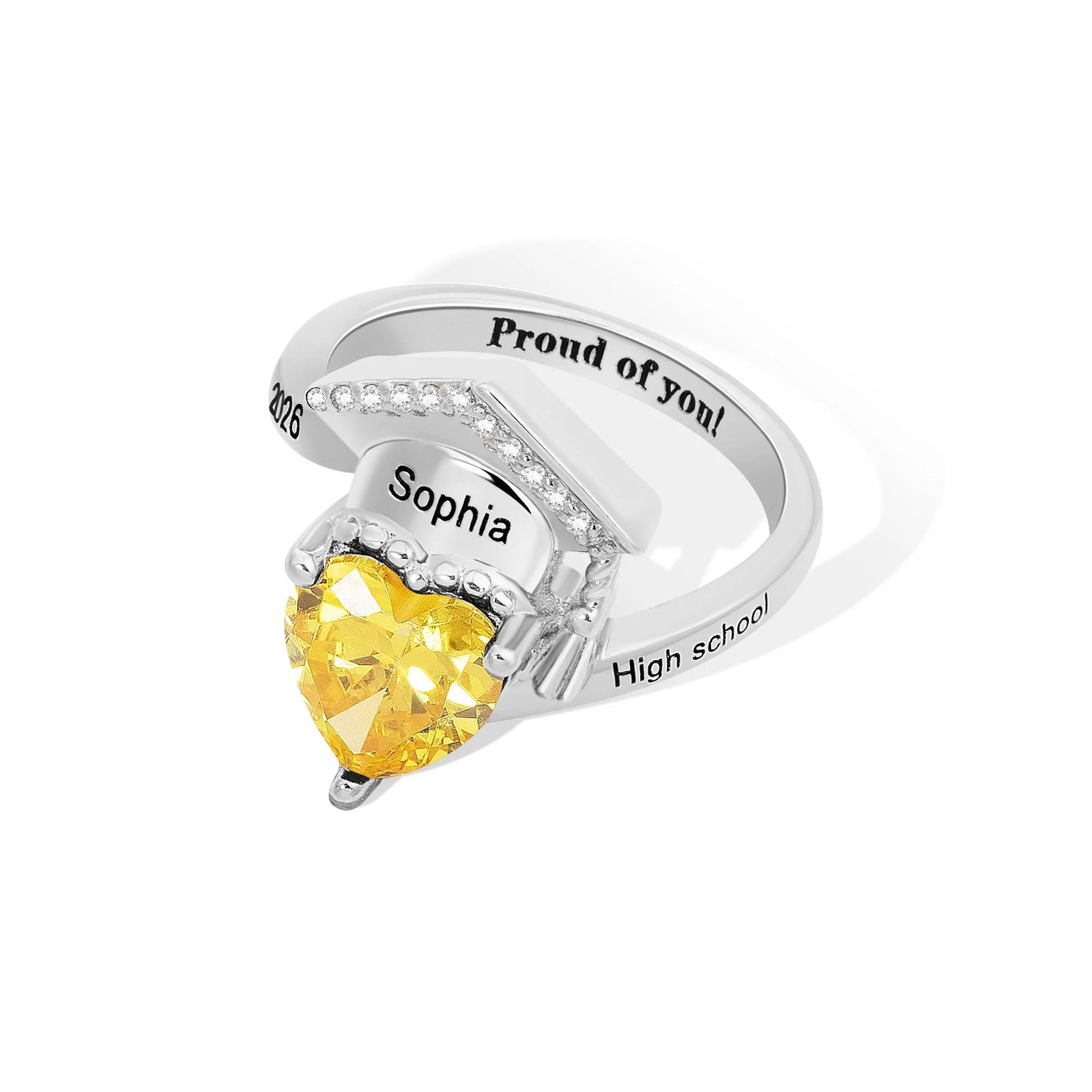 Personalized Zircon Grad Cap Heart Birthstone Ring - Dainty Jewelry Birthday Graduation Gift for Women Graduates