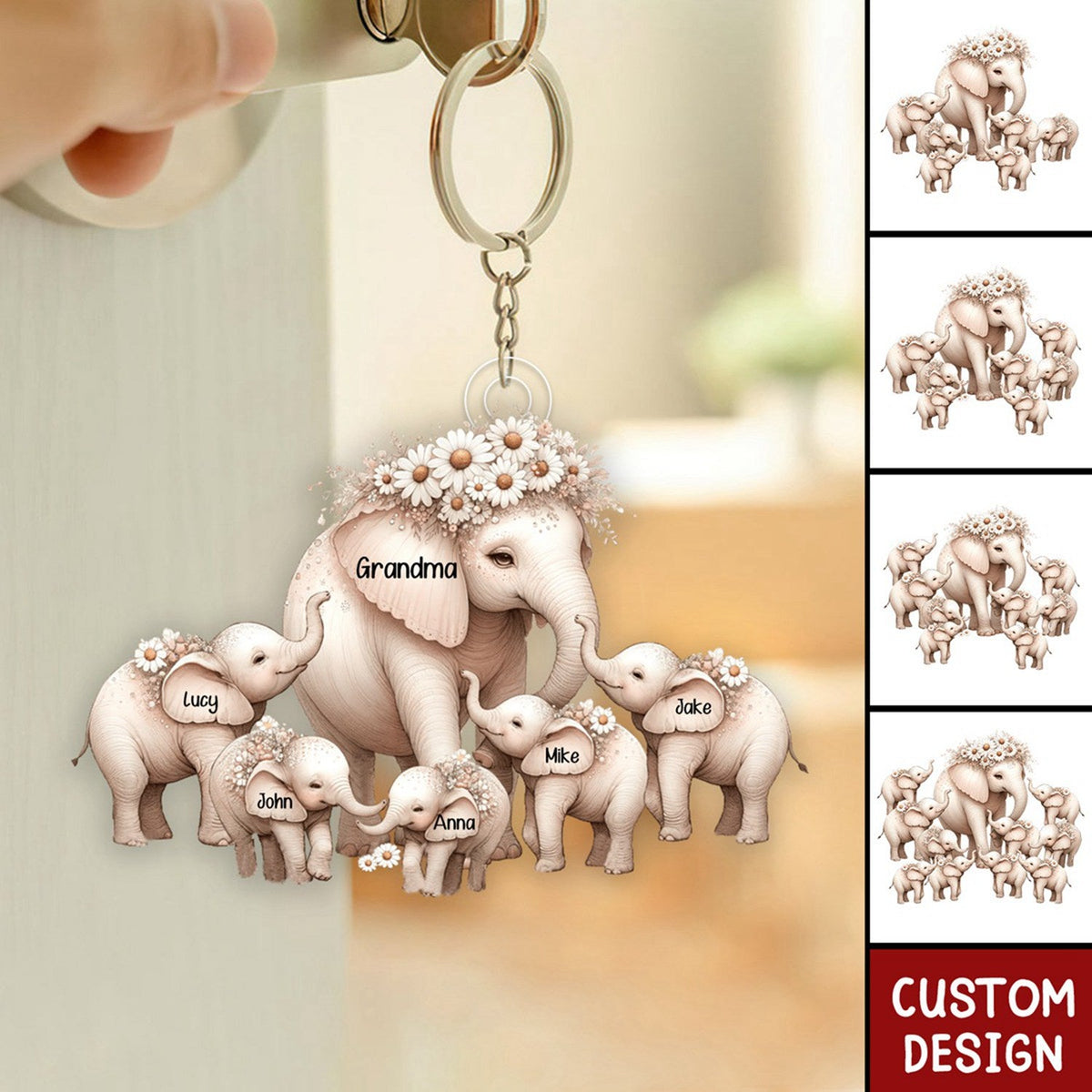 Mama Elephant With Little Kids Personalized Acrylic Keychain - Mother&#39;s Day Gift