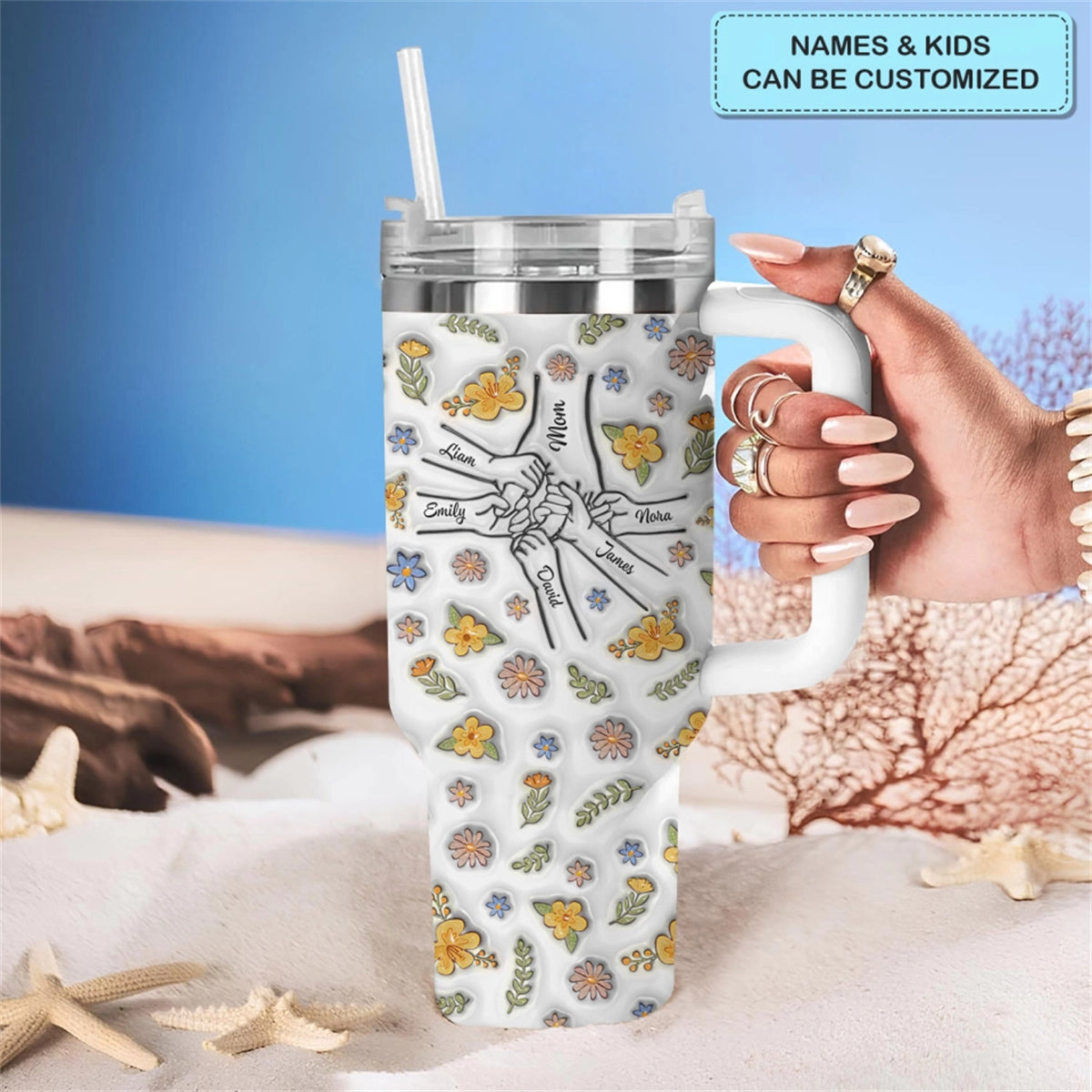 Floral Mom Hand- Personalized Tumbler With Handle - Mother&#39;s Day Gift