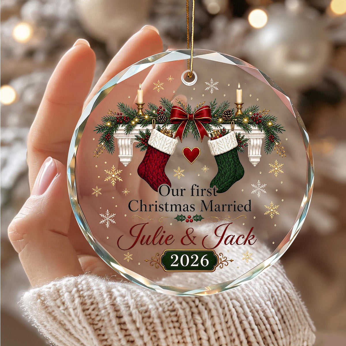 Personalized First Christmas Married Crystal Christmas Ornament, Newlywed Gift Wedding Keepsake