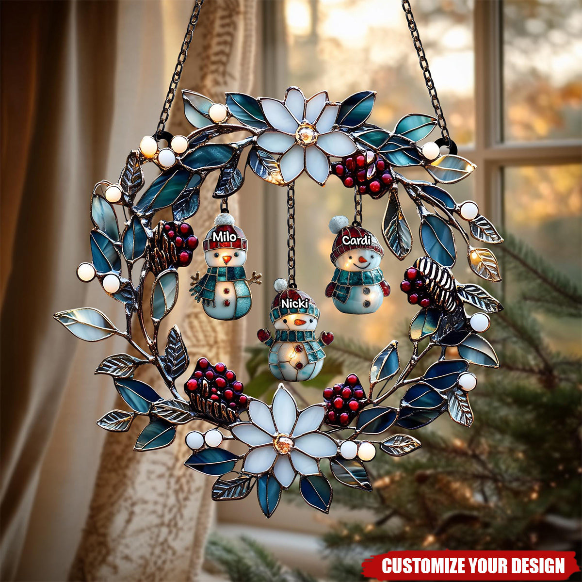 Personalized Snowman Family Acrylic Suncatcher Wreath - Christmas Faux Stained Glass Winter Window Hanging