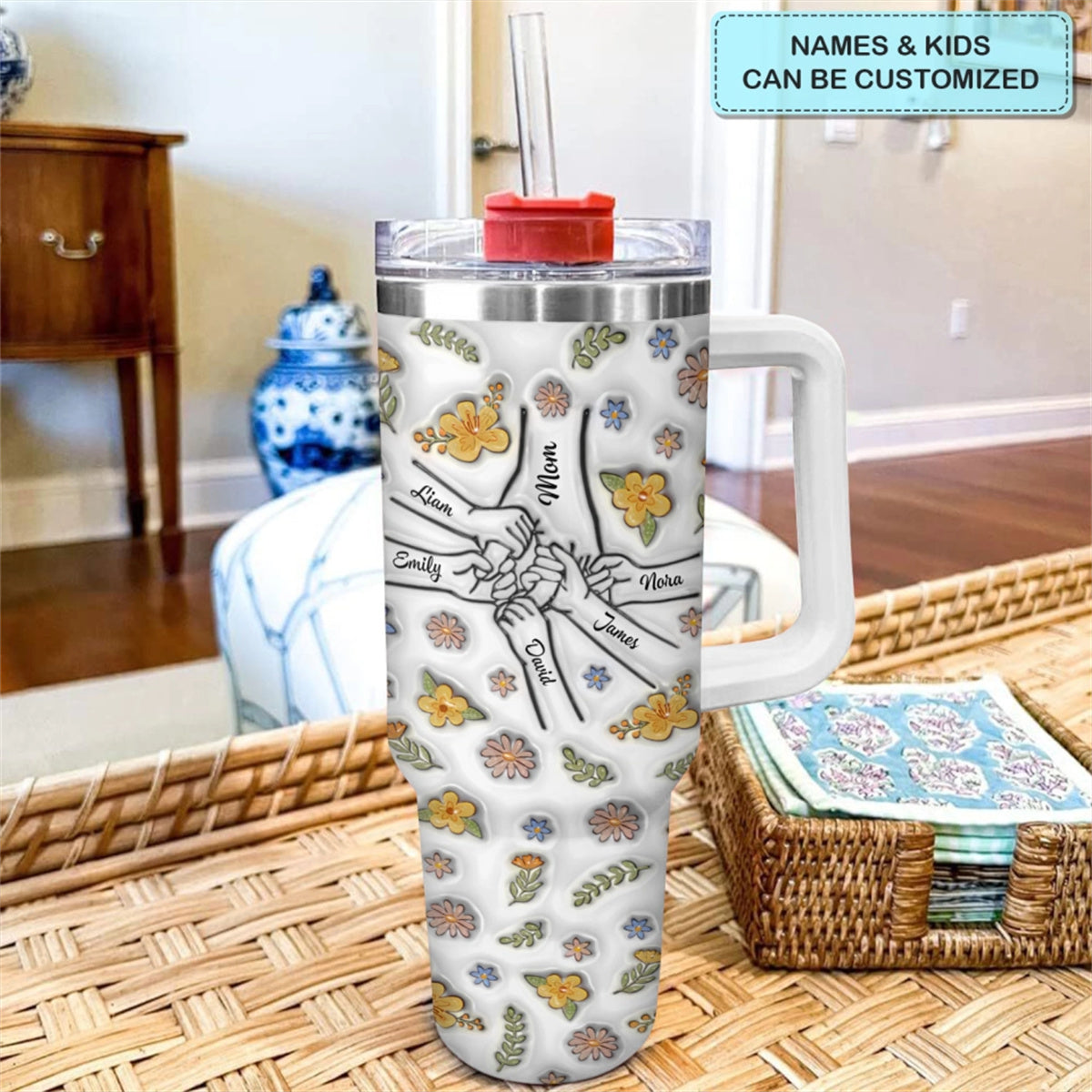 Floral Mom Hand- Personalized Tumbler With Handle - Mother&#39;s Day Gift