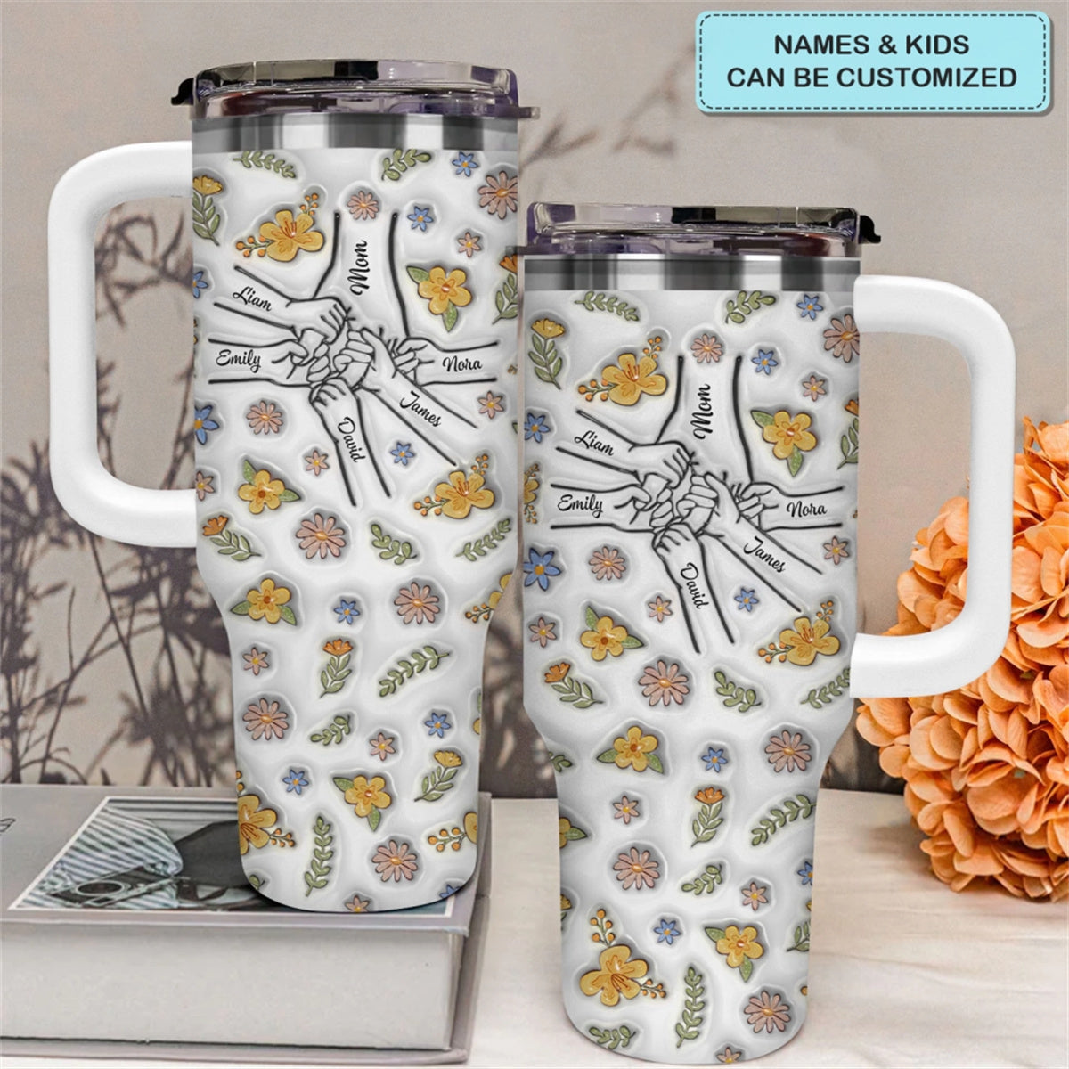 Floral Mom Hand- Personalized Tumbler With Handle - Mother&#39;s Day Gift