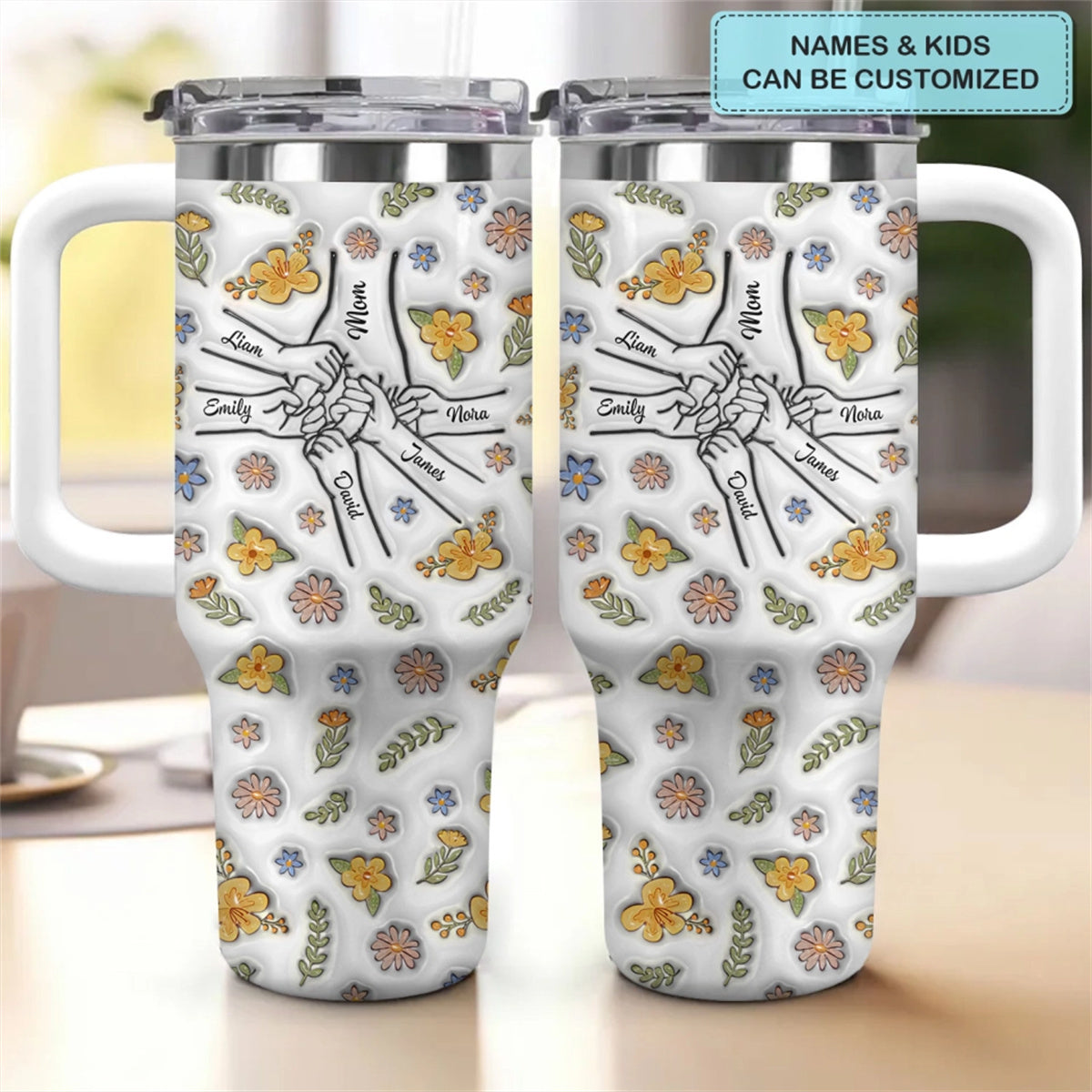 Floral Mom Hand- Personalized Tumbler With Handle - Mother&#39;s Day Gift