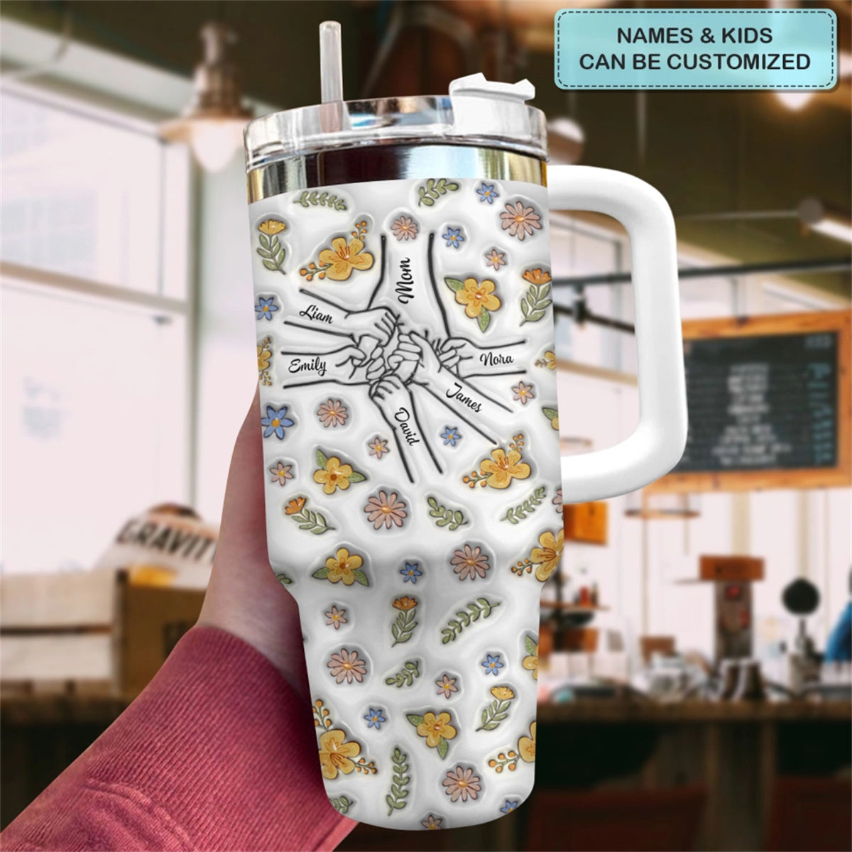 Floral Mom Hand- Personalized Tumbler With Handle - Mother&#39;s Day Gift