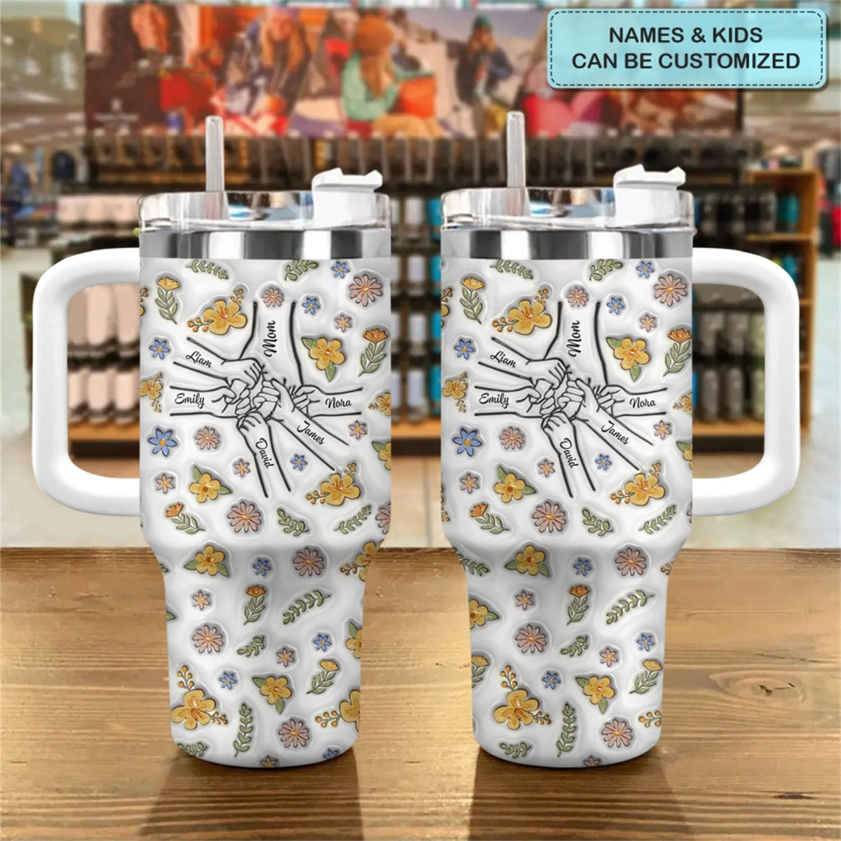 Floral Mom Hand- Personalized Tumbler With Handle - Mother&#39;s Day Gift