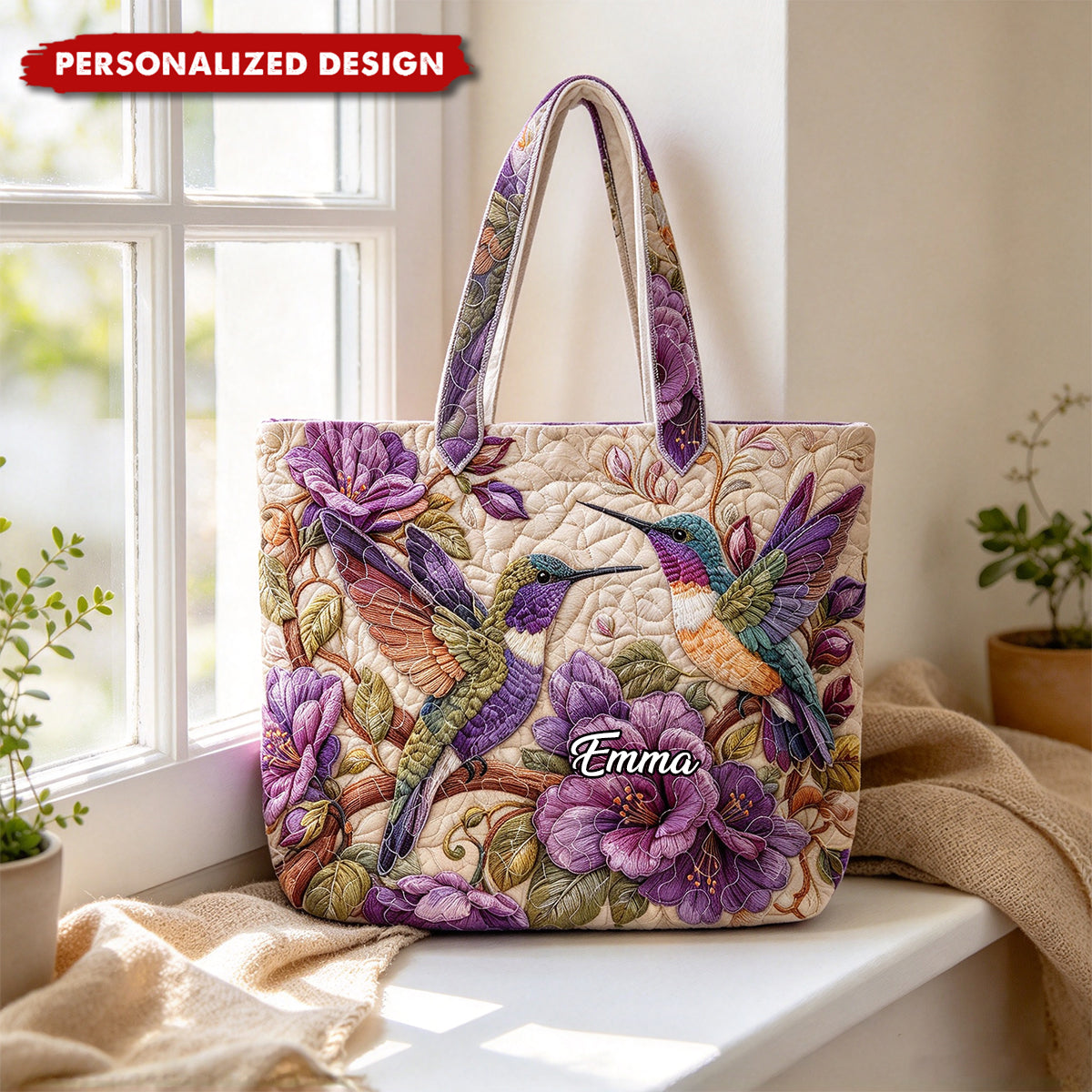 Personalized Purple Floral Bird Handbag, Gift for Bird Lover Women